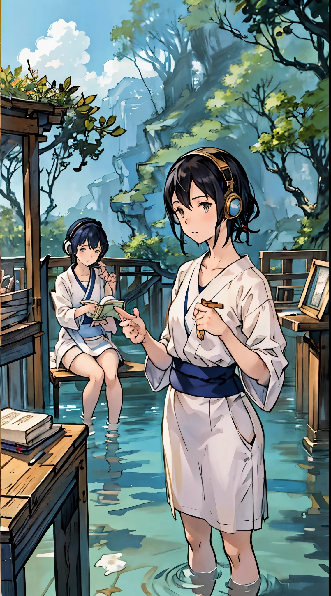 It depicts the scenery and atmosphere that appears in the works of Hayao Miyazaki and Makoto Shinkai.。It depicts a cute girl immersed in learning in a room.、Headphones are placed above his head.、A quiet melody is playing。but、The music serves as a background for learning、Seems to help her concentrate。her eyes are interesting、I&#39;m working hard on reading the textbook.。This depiction is、Fantastic worldviews such as those seen in the works of Hayao Miyazaki and Makoto Shinkai、It expresses the theme that beauty and miracles exist even in everyday life.。

