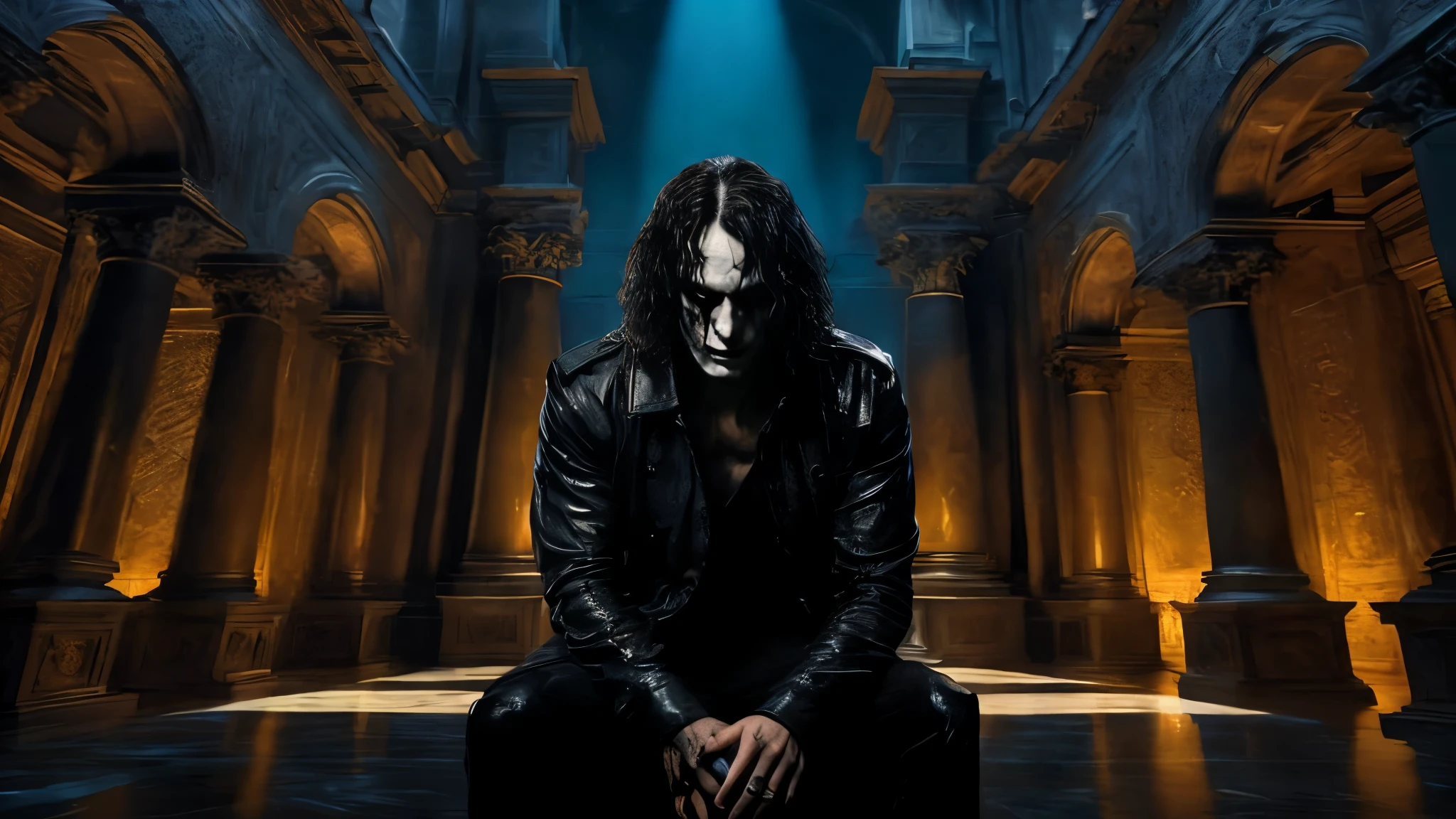 blurred image of a man sitting on a bench in a dark room, The character Eric Draven from the 1994 film The Crow, Brandon Lee, with his long black hair, Babylon. Art by Gustave Doré. 19th century painting style: textured paint and oil impasto, heavy brushstrokes, high, intricate details. Mysterious aesthetics of Caravaggio's art. Perfect composition. Sharp focus, HDR. Field depth. Lighting by William Turner. Volumetric lighting by Paul Lehr, dramatic lighting and cinematic lights by Ridley Scott., underworld, Christian, Davis, Ville Valo, as Solomon Kane, Severus Snape, morbius, gothic, promotional image, Tommy Wiseau, promotional still, wallpaper phone hq 4k