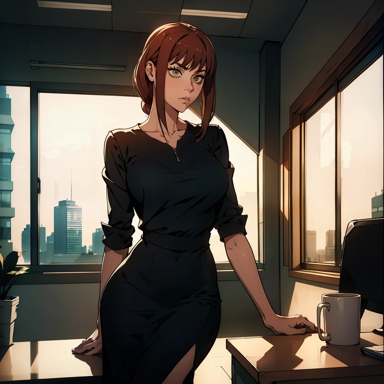 Tall woman sitting at an office desk, vestido preto, Serious look 