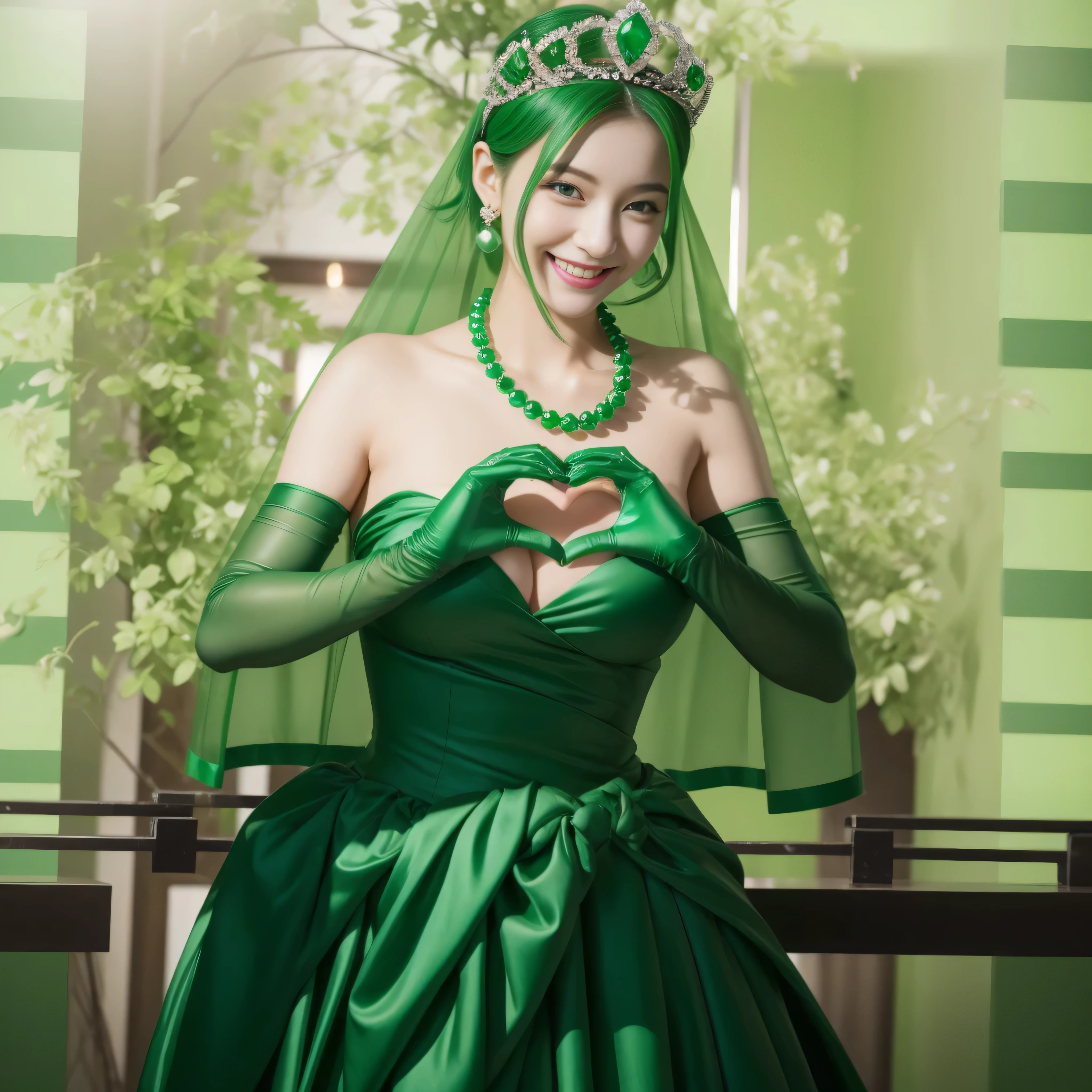 emerald tiara, green pearl necklace, ボーイッシュな非常に短いgreen hair, lipstick, smiling Japanese woman, very short hair,  Beauty with large breasts, green eyes, Long Green Satin Gloves, green eyes, emerald earrings, green veil, heart with both hands, green hair, beautiful japanese woman, heart shaped hand:1.3, green lip gloss