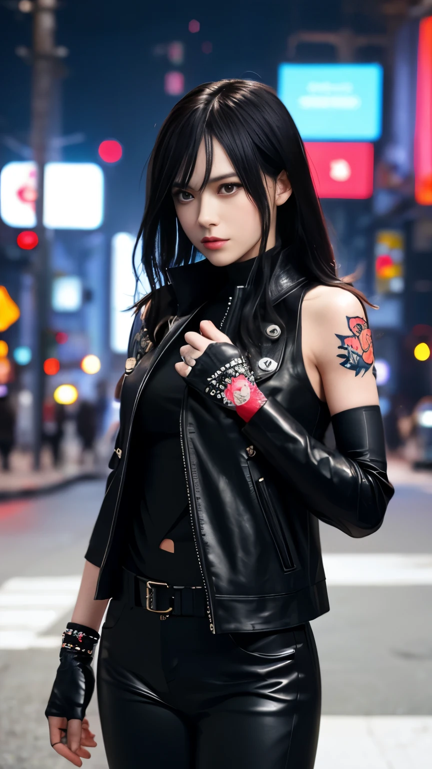 highest quality，masterpiece，Super detailed，8K, UHD，Beautiful woman，japanese woman，Expressionless，(Topless)，whole body，((tattoo))，slim，Black leather pants，black leather vest，(female mafia)，gangster，(cyberpunk city)，night，cinematic lightening，movie poster，underworld