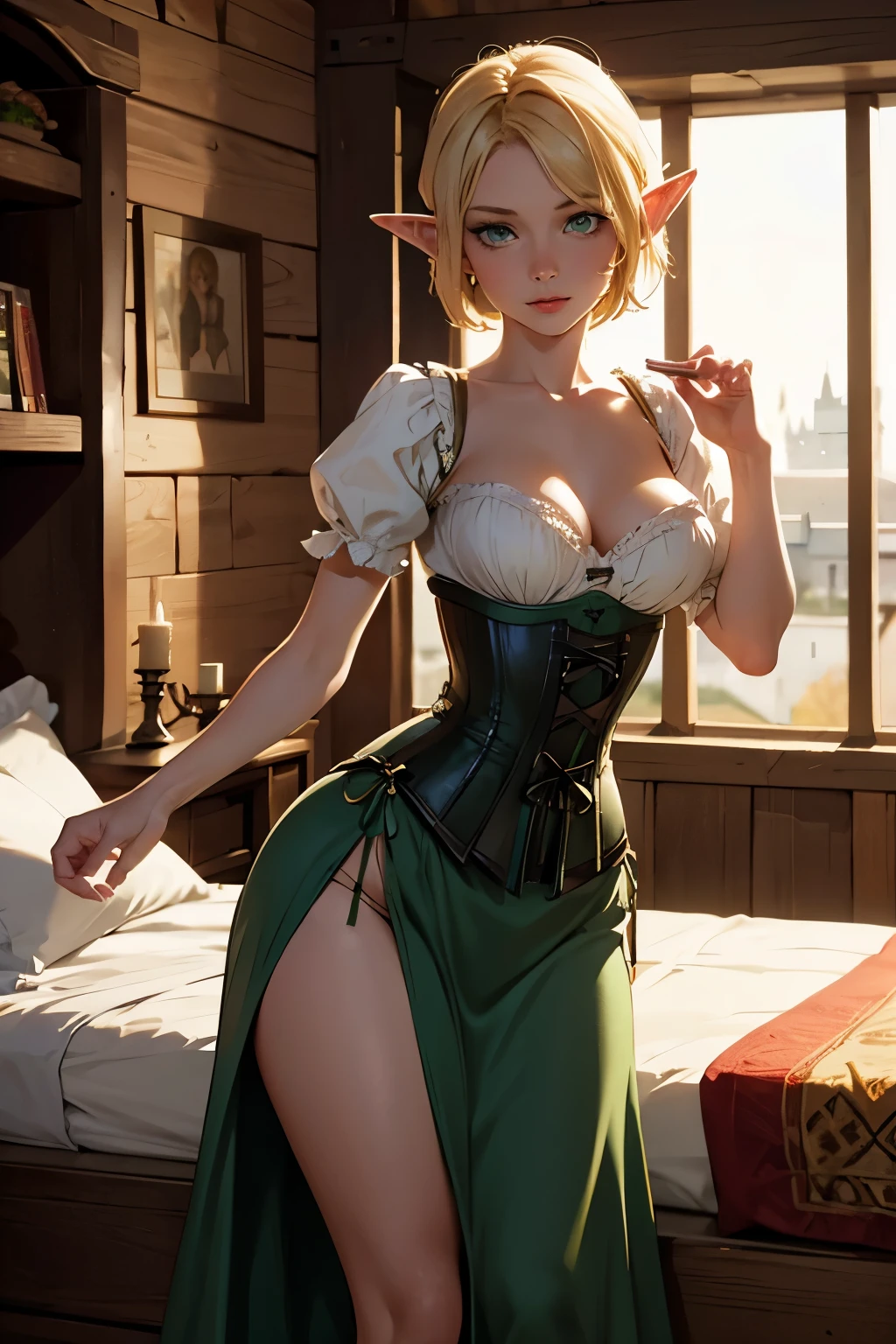 1Girl, Elf, Short blonde hair, beautiful, green eyes, hot, medium breasts, ((wearing a medieval dress, corset)), in a wooden bedroom
