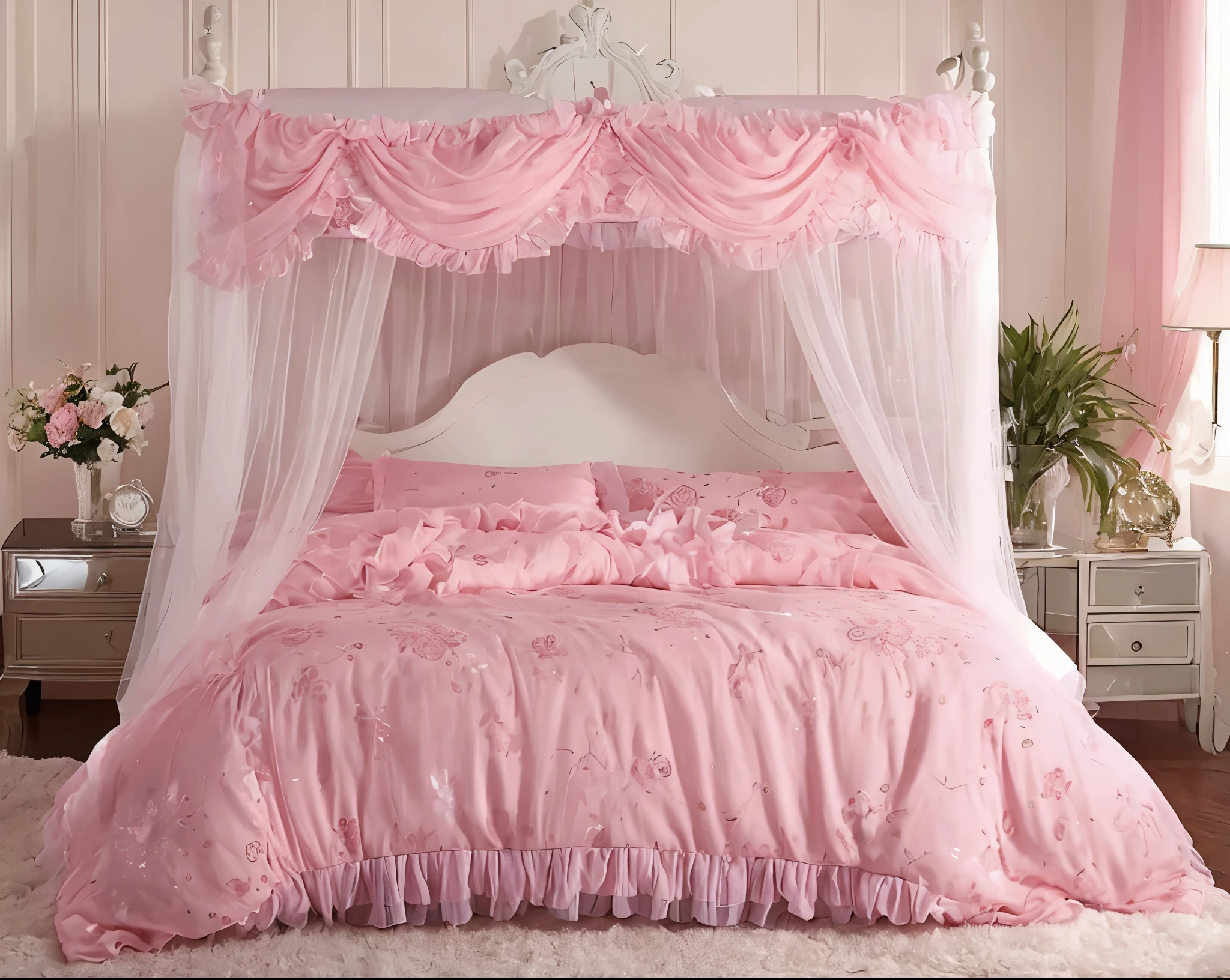 ,highest quality, masterpiece, highest resolution, artwork, super それにget used to it, many get used to it, get used to it, それにget used to it, 3K realistic photos,,((inside the palace)),,,(( )),,((inside the palace bedroom)),In a luxurious silk satin canopy bed,Four-poster king size bed with canopy,luxury bed frame in rococo style,ベッドの両側には豪華なpastel pinkのフリルカーテンが付いています。,(((ベッドの上にたくさん積み重ねて置かれたpastel pinkのフリルとレースの枕))),super detailed background,detailed bed,romantic atmosphere,,ソフトなpastel pinkのフリルとレースの付いたシルクサテン掛け布団,ソフトなpastel pinkのシルクサテンのフリル付き枕,detailed futon,pastel pink,pastel pinkのベッド,Duvet covers and pillowcases with detailed heart patterns,