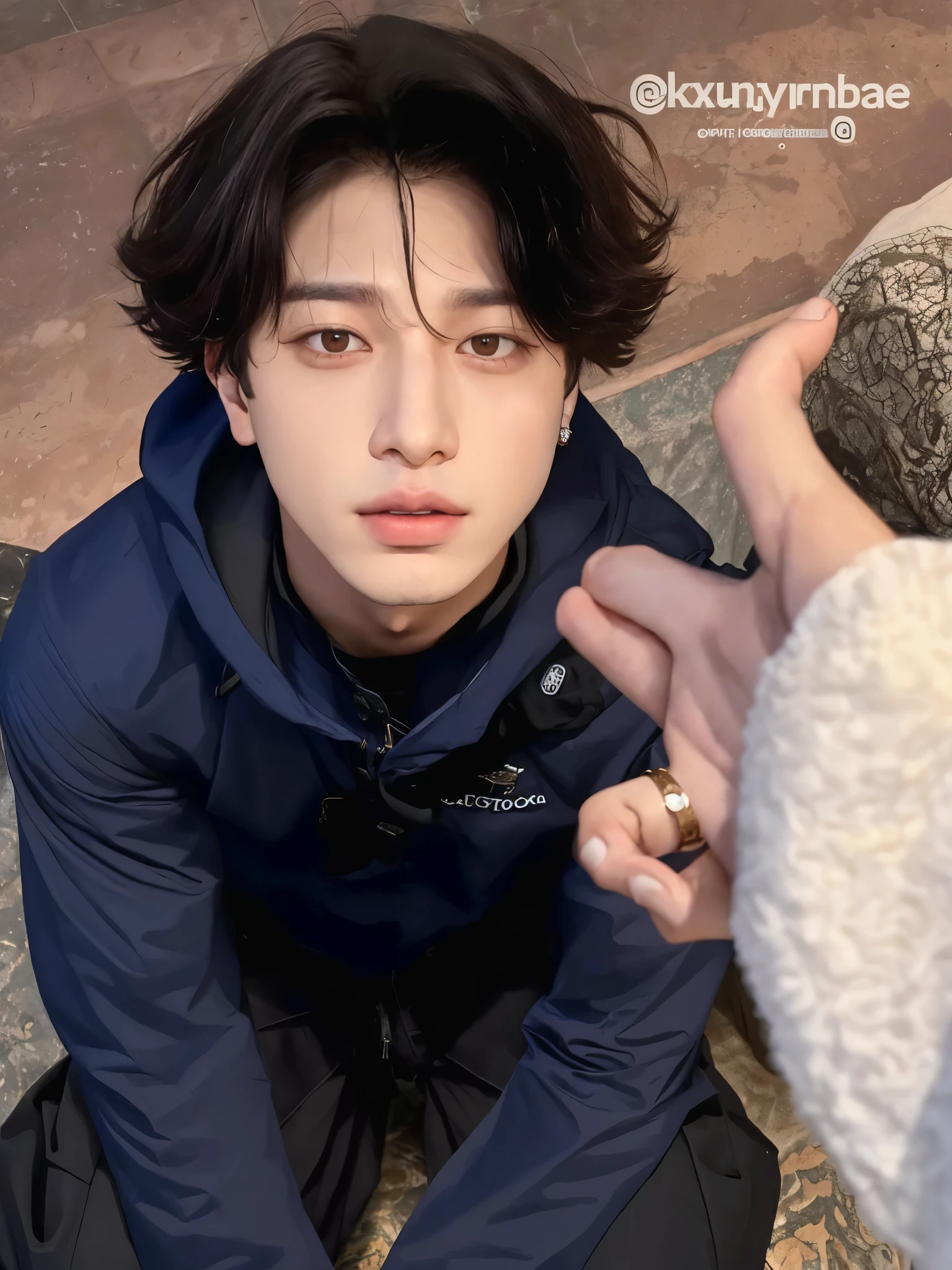 there is a man sitting on the floor with his hand outstretched, Jungkook, Jungkook, Jeon Jungkook, BTS, Jeongguk, taken at the beginning of 2020, Jungkook Jeon, Jeon Jeongguk, GgukJeon, Jungkook Jeon, cabelo preto, 27 anos de idade, handsome androgynous prince
