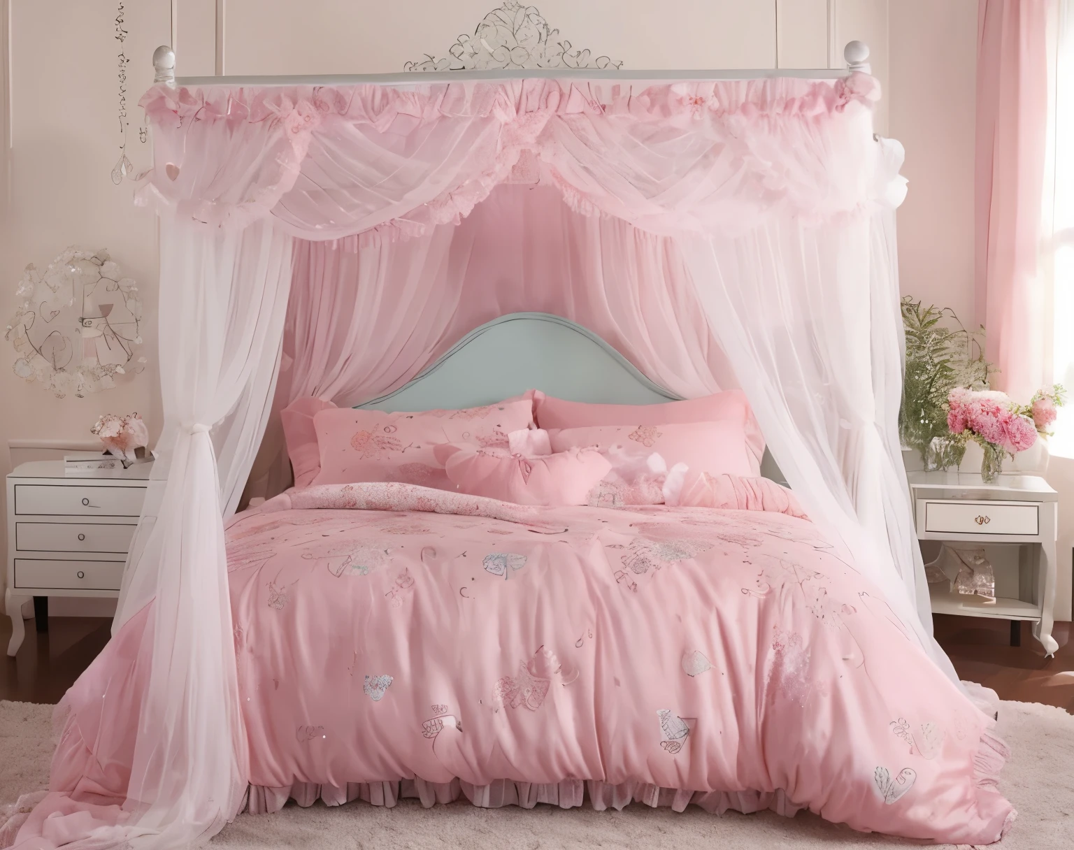 ,highest quality, masterpiece, highest resolution, artwork, super それにget used to it, many get used to it, get used to it, それにget used to it, 3K realistic photos,,((inside the palace)),,,(( 10 years old)),,((inside the palace bedroom)),In a luxurious silk satin canopy bed,Four-poster king size bed with canopy,luxury bed frame in rococo style,ベッドの両側には豪華なpastel pinkのフリルカーテンが付いています。,(((ベッドの上にたくさん積み重ねて置かれたpastel pinkのフリルとレースの枕))),super detailed background,detailed bed,romantic atmosphere,,ソフトなpastel pinkのフリルとレースの付いたシルクサテン掛け布団,ソフトなpastel pinkのシルクサテンのフリル付き枕,detailed futon,pastel pink,pastel pinkのベッド,Duvet covers and pillowcases with detailed heart patterns,