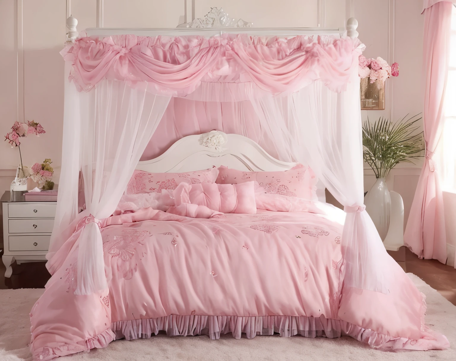 ,highest quality, masterpiece, highest resolution, artwork, super それにget used to it, many get used to it, get used to it, それにget used to it, 3K realistic photos,,((inside the palace)),,,(( 10 years old)),,((inside the palace bedroom)),In a luxurious silk satin canopy bed,Four-poster king size bed with canopy,luxury bed frame in rococo style,ベッドの両側には豪華なpastel pinkのフリルカーテンが付いています。,(((ベッドの上にたくさん積み重ねて置かれたpastel pinkのフリルとレースの枕))),super detailed background,detailed bed,romantic atmosphere,,ソフトなpastel pinkのフリルとレースの付いたシルクサテン掛け布団,ソフトなpastel pinkのシルクサテンのフリル付き枕,detailed futon,pastel pink,pastel pinkのベッド,Duvet covers and pillowcases with detailed heart patterns,
