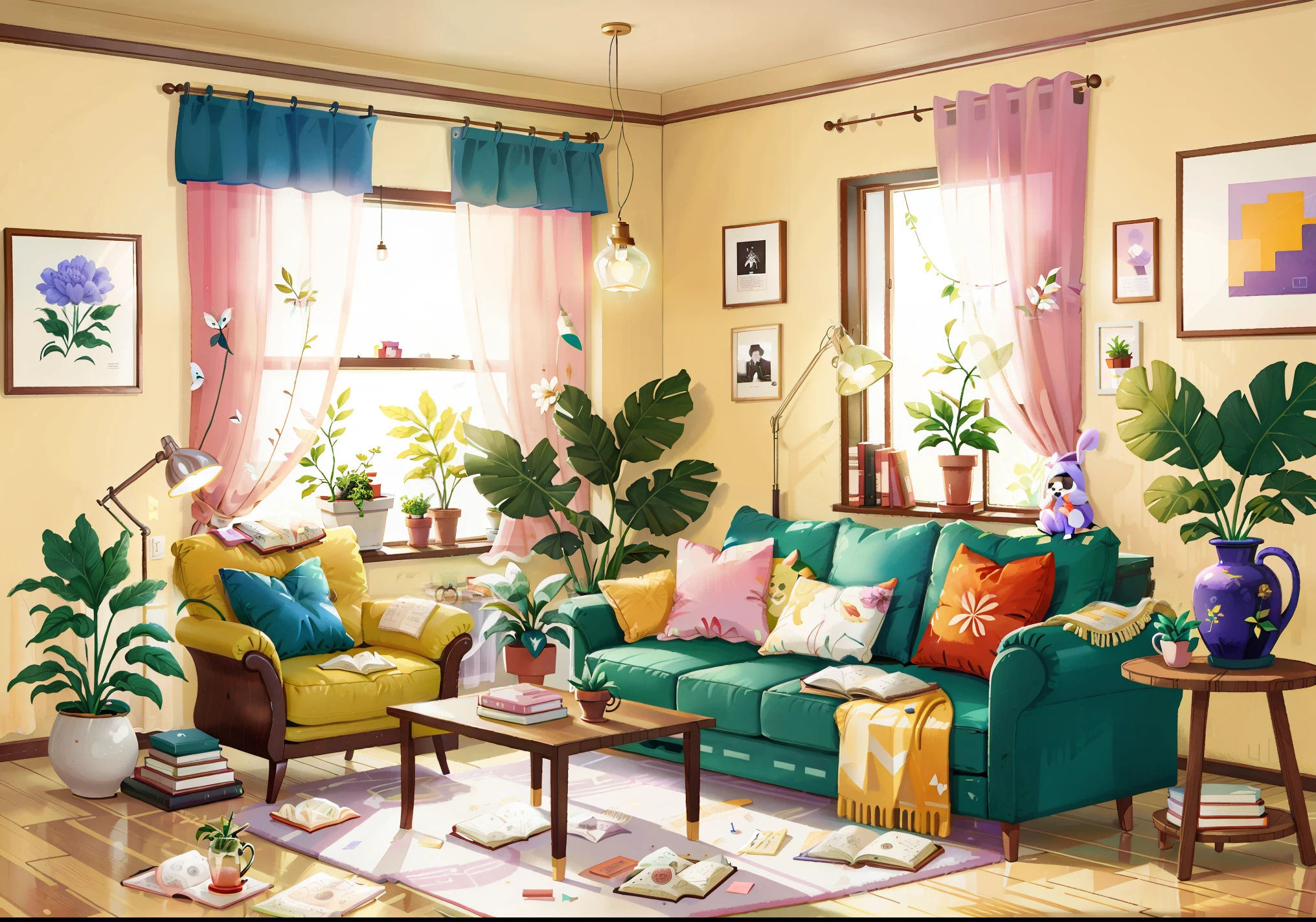 Interior, pastel sofa, table with vase and book, window, plant, photo frame, minimalism living room
