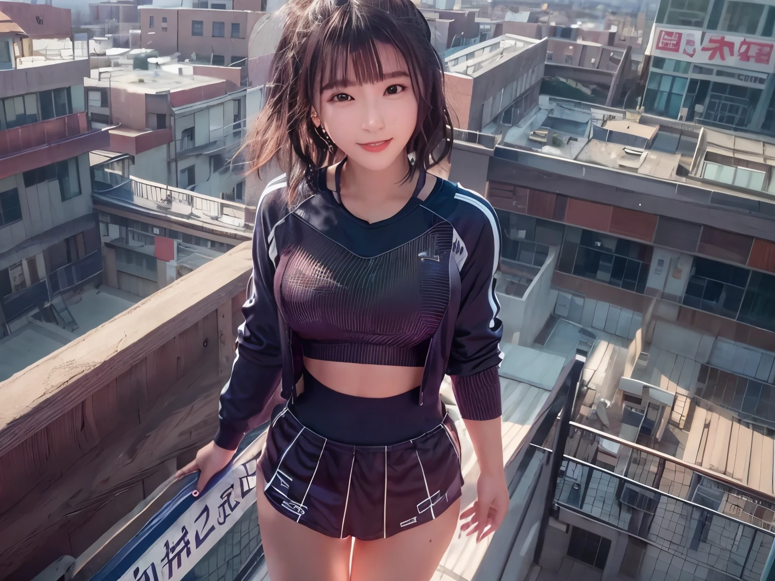 highest quality, realistic, masterpiece, 8K, High resolution, alone, 1 girl, (((woman))), (Medium chest), ((looking at the viewer)), (look at the camera), (medium hair), (professional lighting),Angle seen from above, Fashionable and trendy atmosphere, ((完璧なwoman像)), 成熟したwoman, Taiwan, chinese deity, rooftop,((daytime)), (sportswear :1.5), skirt, (portrait:0.6), enchanting smile, nice, floating hair, (particles of light, Lens flare, glowing particles:0.6), (dynamic pose:1.2), soft lighting, black hair, Are standing,