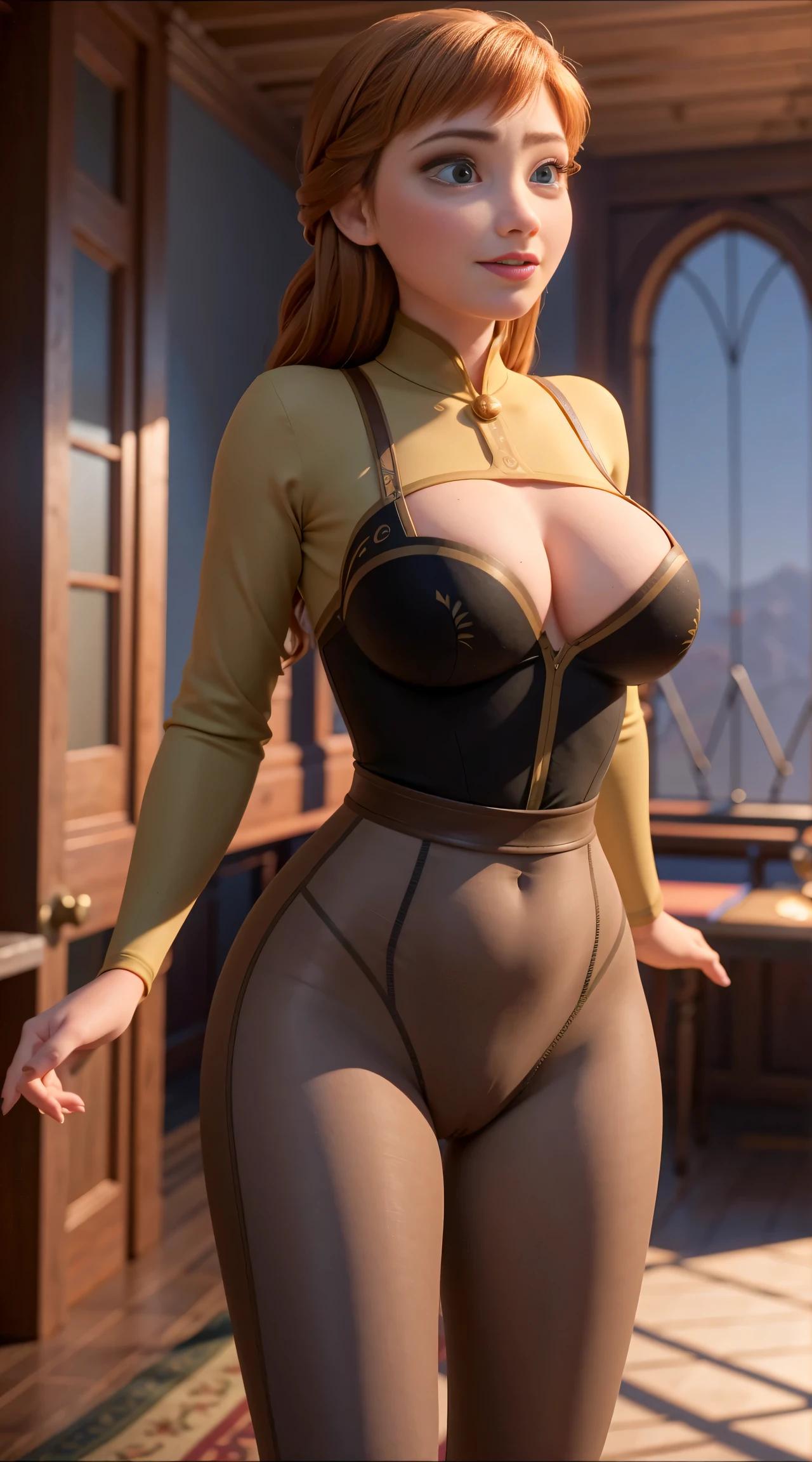 Photo of Anna of Arendelle wearing thight opaque pantyhose, happy,  , , bursting , wide , busty, tall, cook clothes