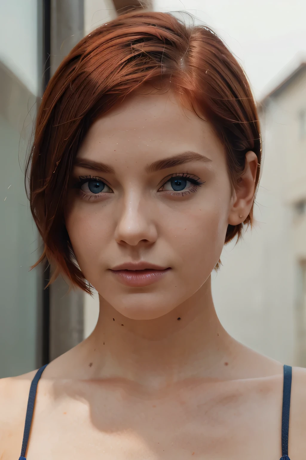Crie o rosto de uma mulher, cabelo curto, cabelo vermelho, olhos azuis.