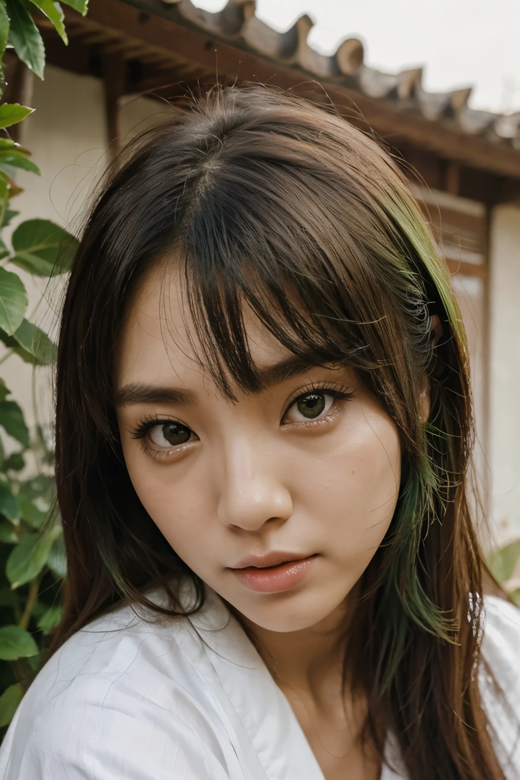Coreana perfeita com olhos verdes escuros