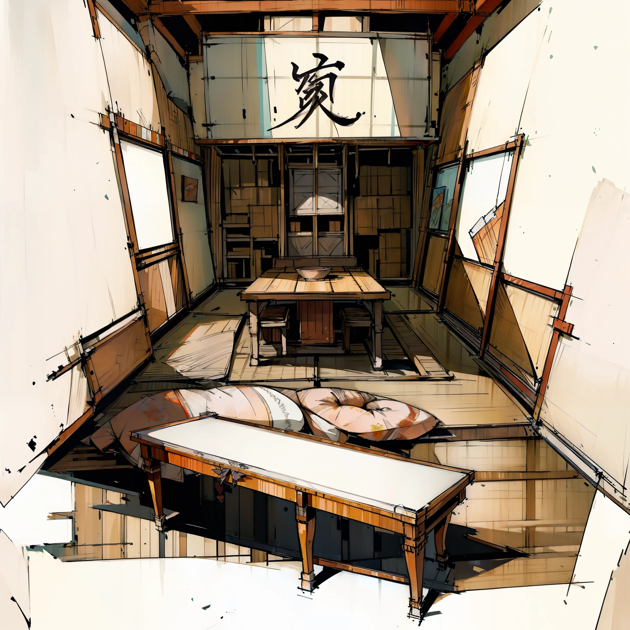 (Interior design sketch)，sketching，Script Kill Shop，（Artistically，artistic impression，high detail illustration，illustratio，A detailed illustration），Interior design，japanese-inspired，Japanese-style murals，Japanese jewelry，Wall paintings，Large long table，stores，White fabric PRB texture，wooden floor PRB texture，(Cramped rooms，Closed room)