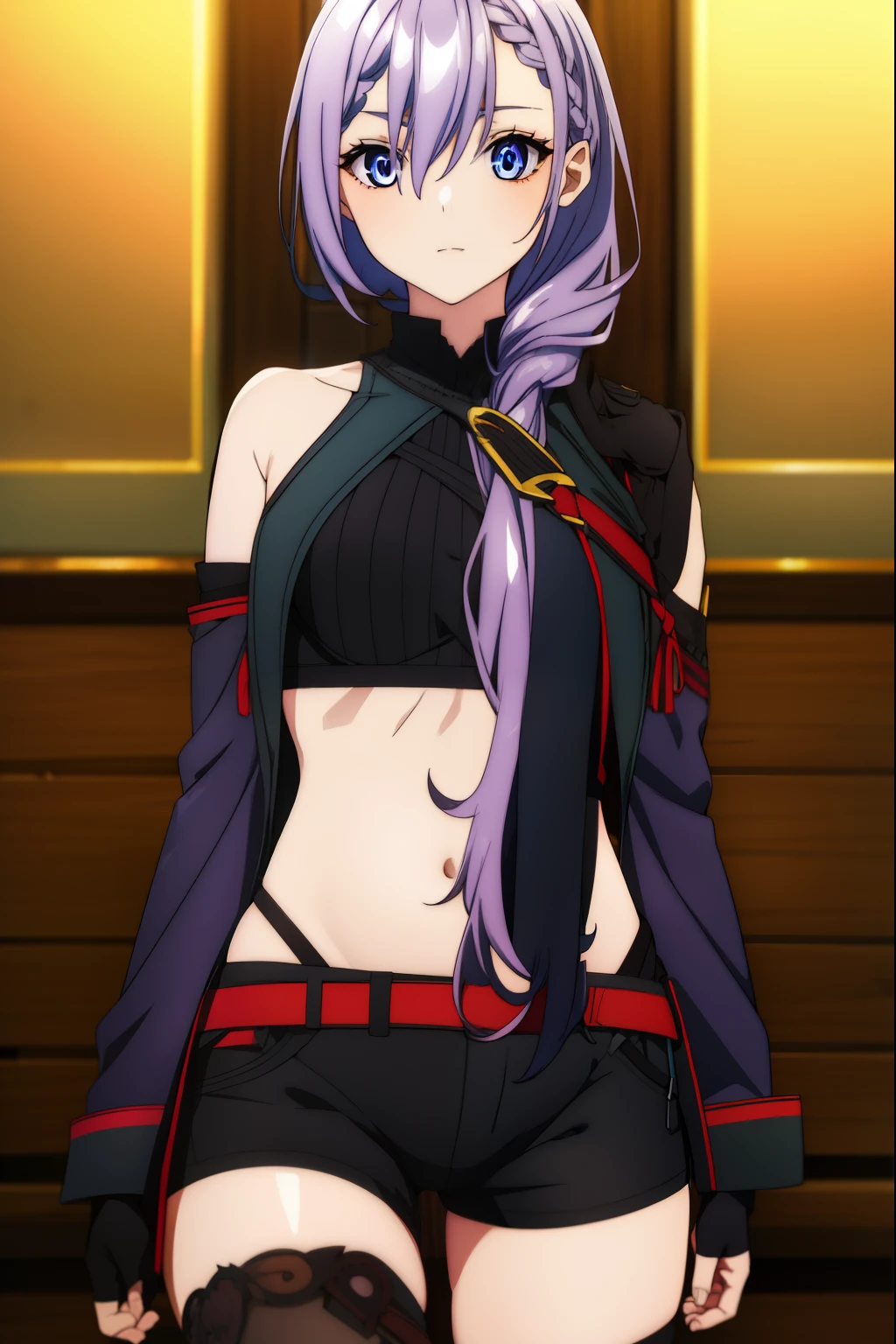 iseleveluna, luna, long hair, purple hair, braid, hair between eyes, braided bangs,
BREAK thighhighs, gloves, shorts, midriff, fingerless gloves, thighhigh,
BREAK (((looking at viewer)),
BREAK outdoors,
BREAK (masterpiece:1.2), best quality, high resolution, unity 8k wallpaper, (illustration:0.8), (beautiful detailed eyes:1.6), extremely detailed face, perfect lighting, extremely detailed CG, (perfect hands, perfect anatomy),