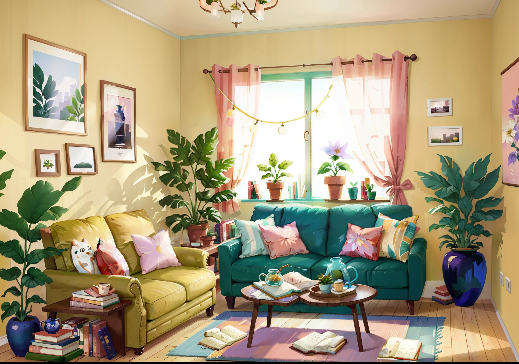 Interior, pastel sofa, table with vase and book, window, plant, photo frame, minimalism living room