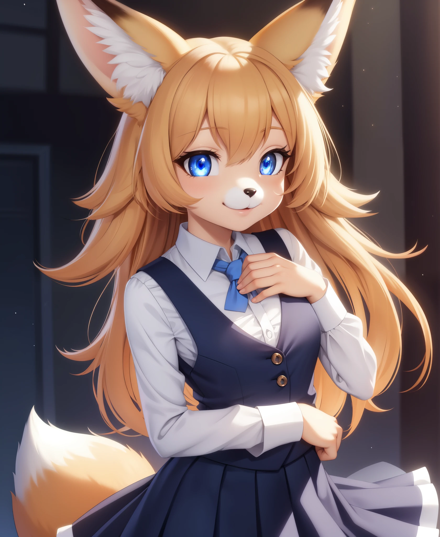 fenneko, 1girl, animal ears, black eyes, body fur, fox ears, fox girl, furry, furry female, fox, anthro, female, fur, fennec, animal nose, black nose, solo, fox tail, tail, smile, clothing, clothed , blue vest, white shirt, blue skirt,, (masterpiece:1.2), best quality, high resolution, unity 8k wallpaper, (illustration:0.8), (beautiful detailed eyes:1.6), extremely detailed face, perfect lighting, extremely detailed CG, (perfect hands, perfect anatomy),