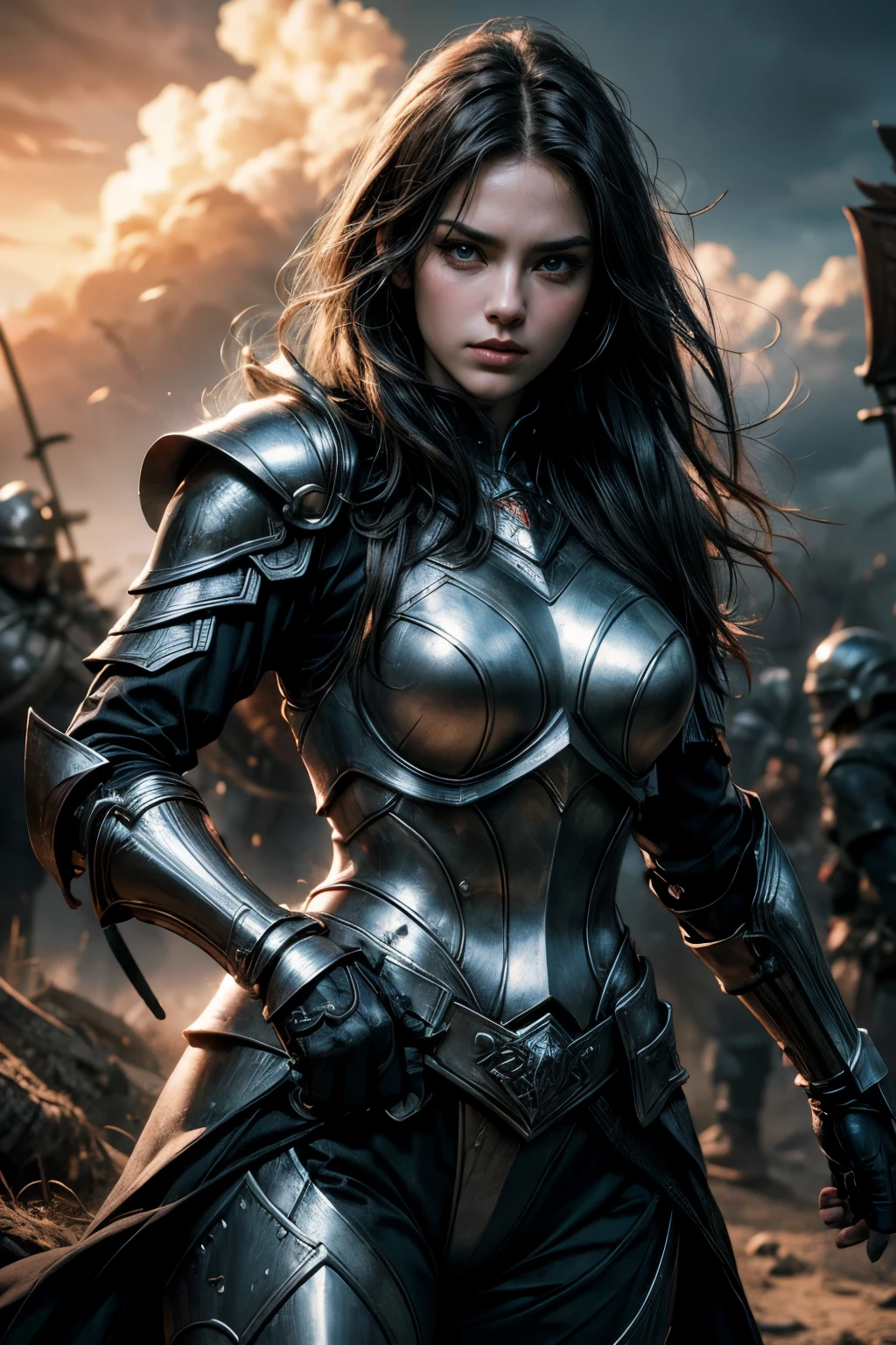 (a strong-willed warrior,with piercing gaze,her eyes hold secrets)woman,detailed eyes,detailed face, wearing armor, ready for battle, on her side has guard, background is dark and with smoke,(best quality,4k,8k,highres,masterpiece:1.2), ultra-detailed, (realistic,photorealistic,photo-realistic:1.37), HDR, studio lighting,(heavy smoke:0.9)