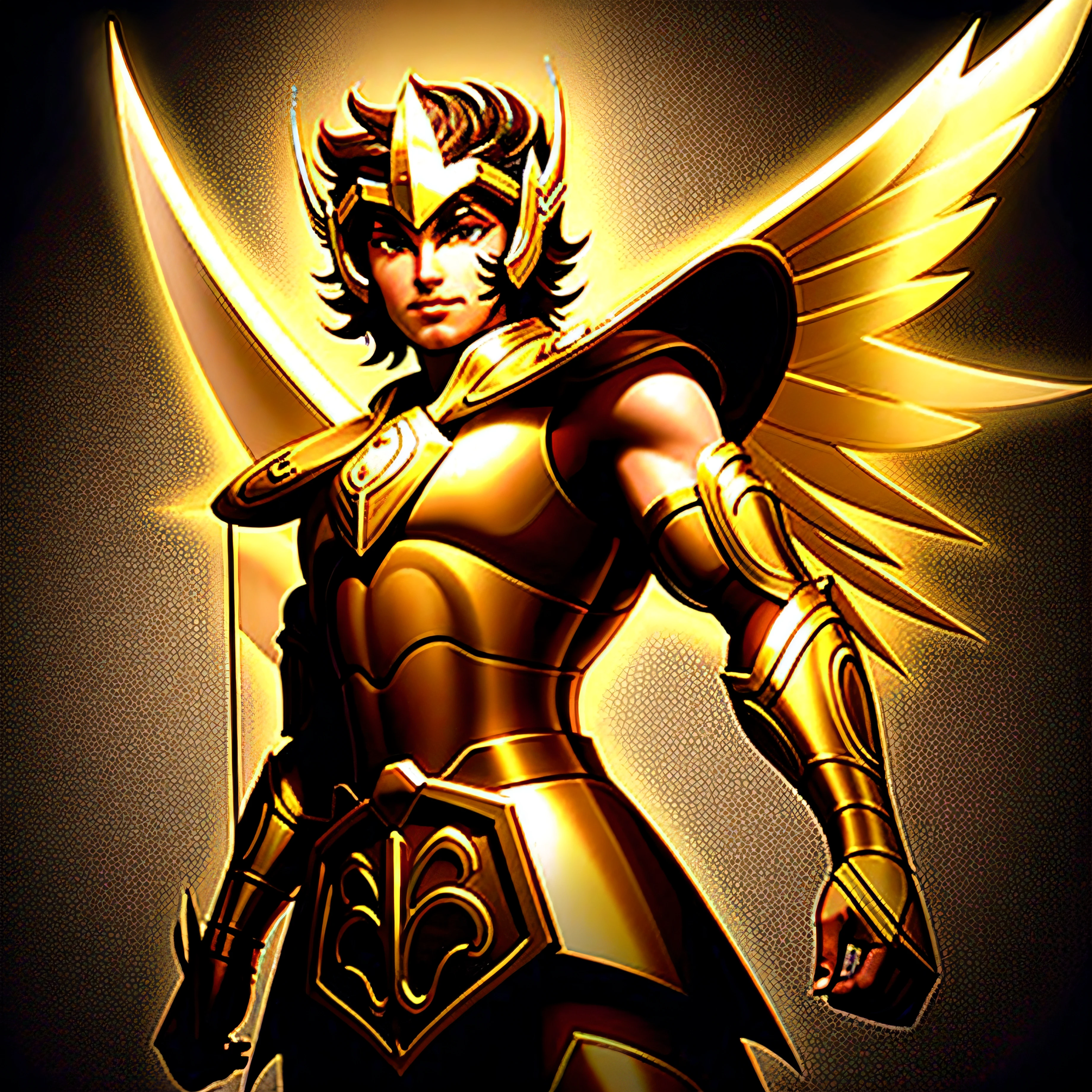 chef-d'artwork, best quality, chef-d'artwork, detailed face, detailed eyes, tout le corps, 1boy,{{homme noir } } The winged knight stands out in his shining golden armor, with metal wings. He surveys the battlefield with a commanding presence, your sword and shield are ready. Sunlight catches the intricate details of his armor, projetant une lueur brillante. Son envergure est formidable, un symbole de sa puissance et de son courage. C'is a defender of the kingdom, A hero to his people and a force to be reckoned with.