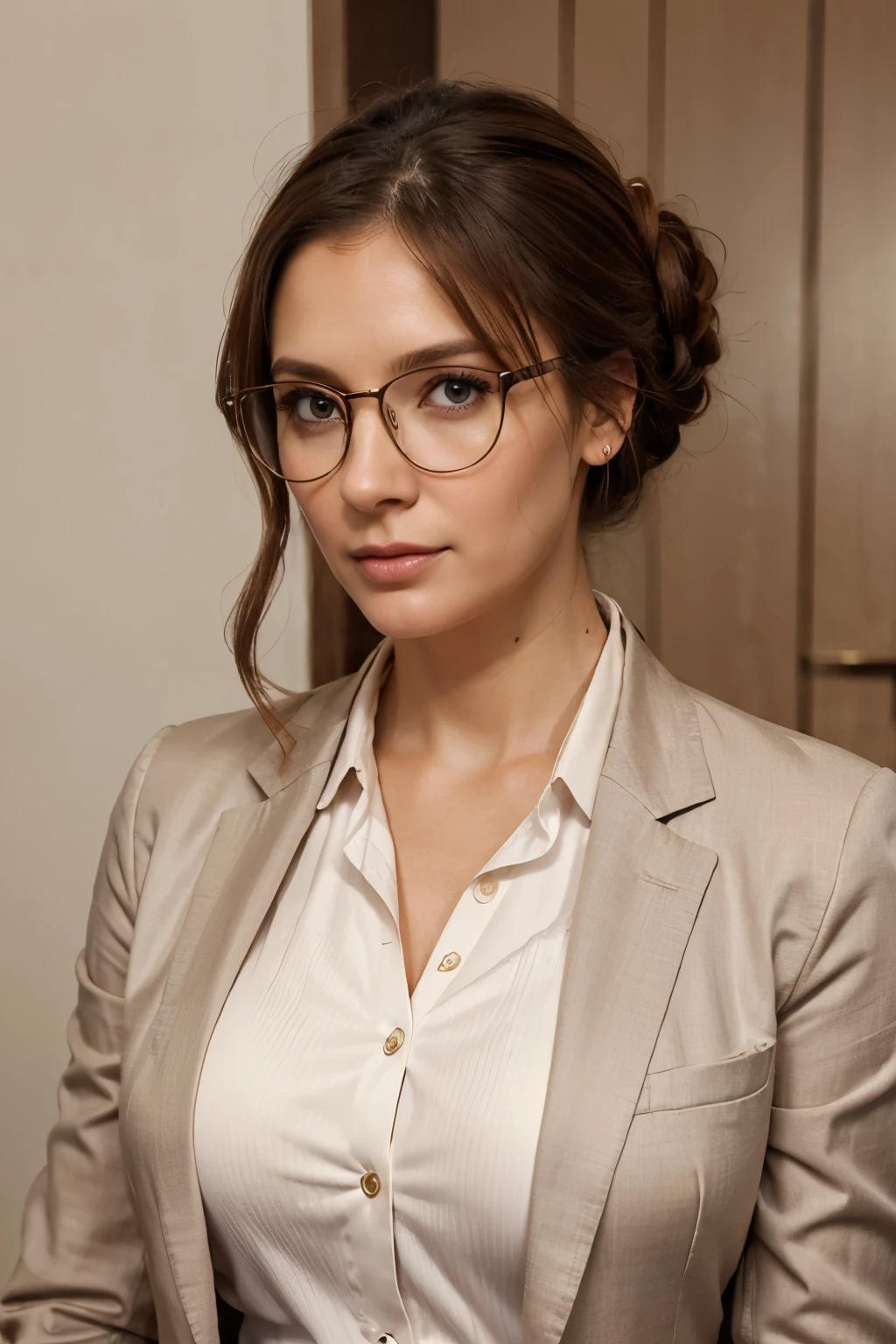 Hyper realistic image of white buisness woman named Adrea, age 35, with medium tone brown hair in professional updo, wearing professional glasses, wearing a blazer and a modest silky cream colored blouse, professional buisness portrait for linkedin