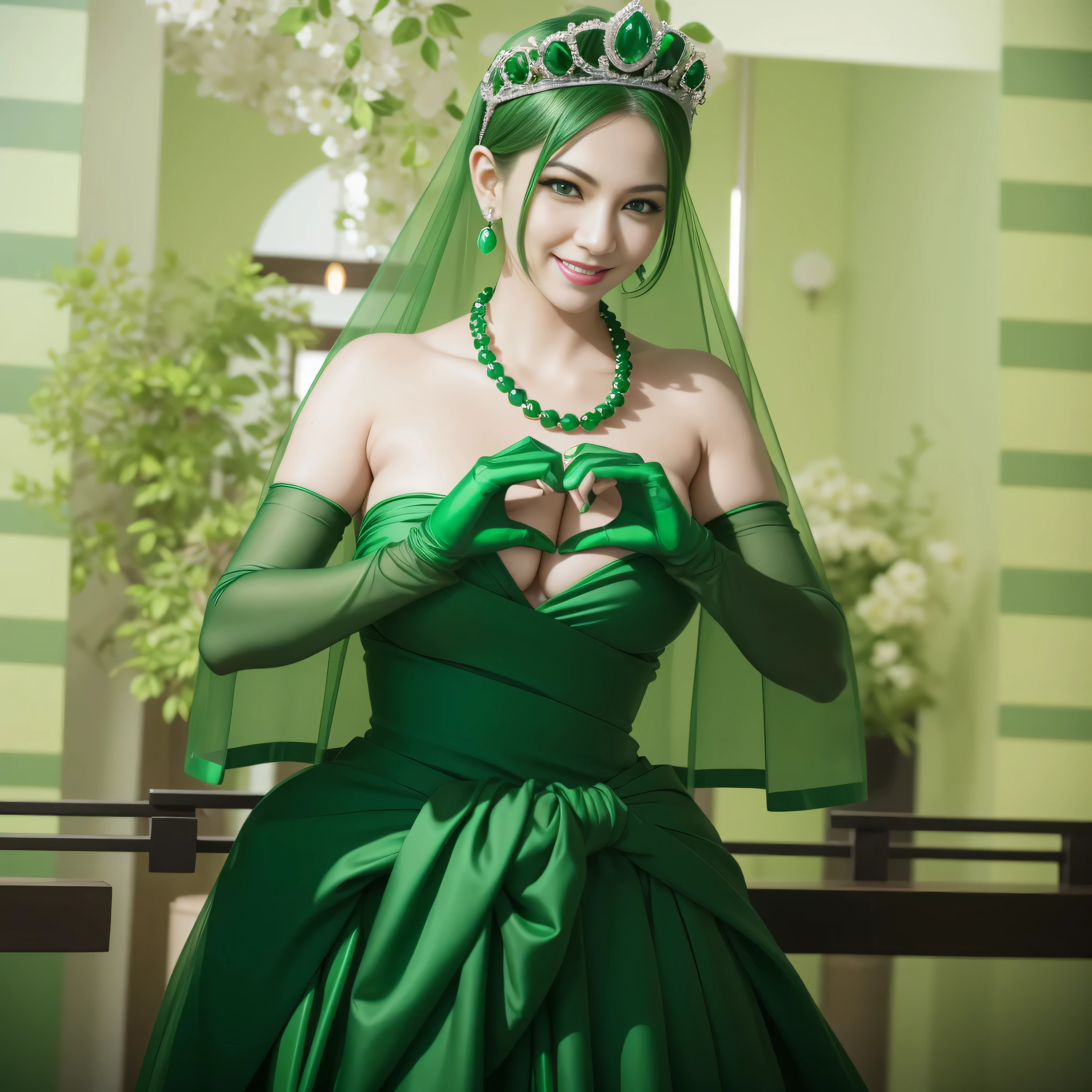 emerald tiara, green pearl necklace, boyish very short green hair, lipstick, smiling Japanese woman, very short hair, big breasts beautiful, green eyes, Long Green Satin Gloves, green eyes, V sign, emerald earrings, green veil, green lip gloss