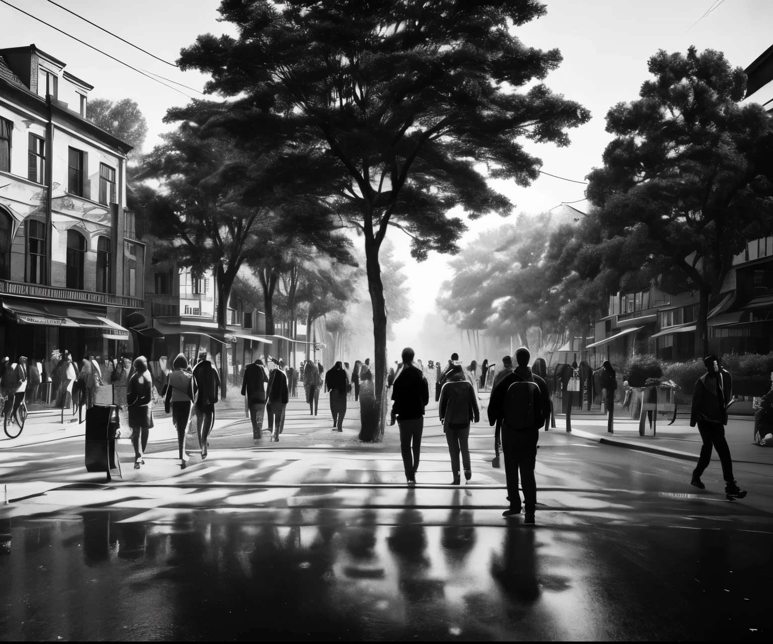 ((masterpiece)) (artwork in classical form) People are passing each other. The crossing is a street with many trees. Everything is black and white. Among these people, one person is looking at the camera.