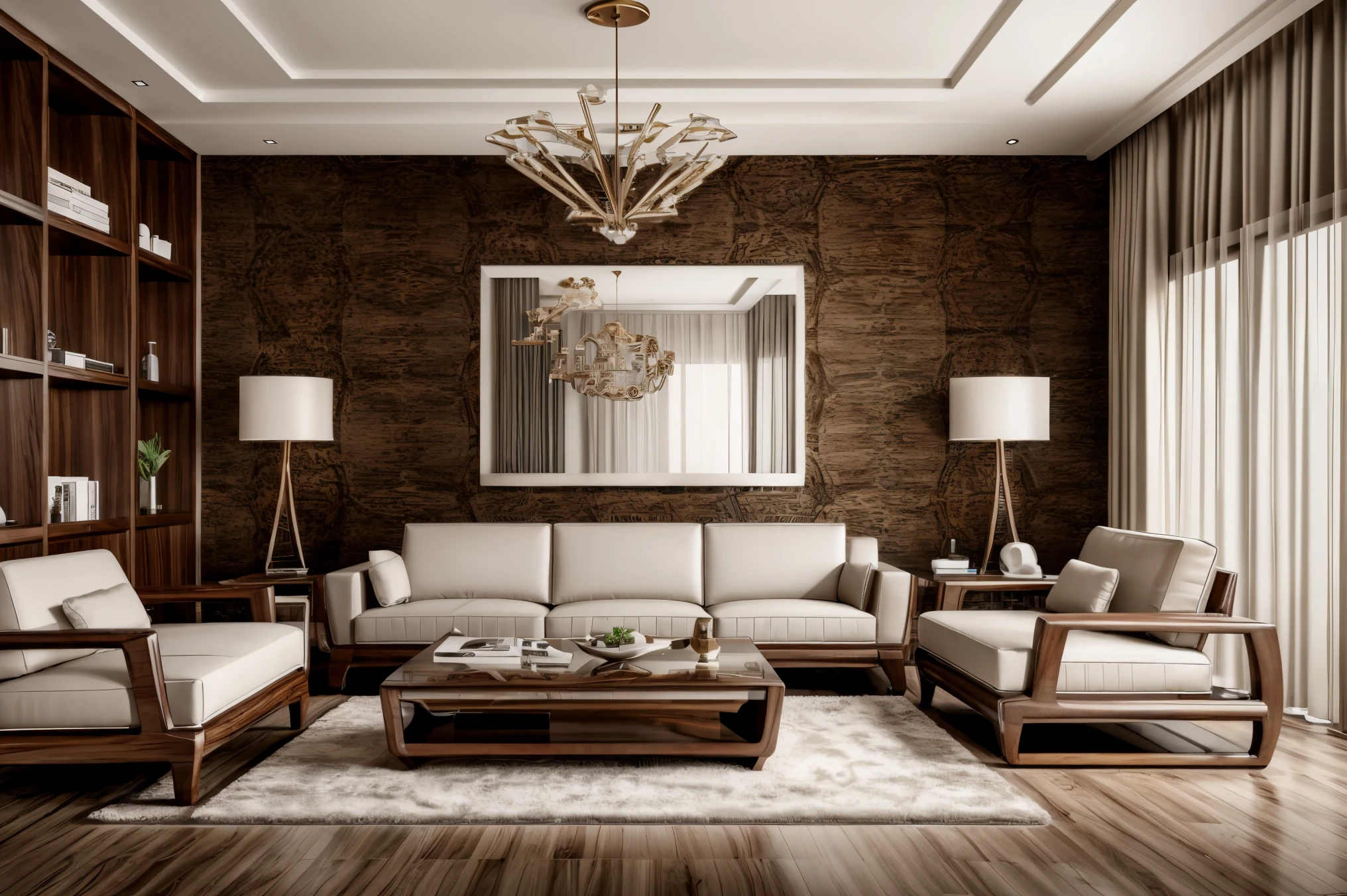 Modern, luxurious livingroom, Modern style interior, furniture made of walnut, masterpiece, surreal, 32k, extremely detailed CG unity 8k wallpaper, best quality