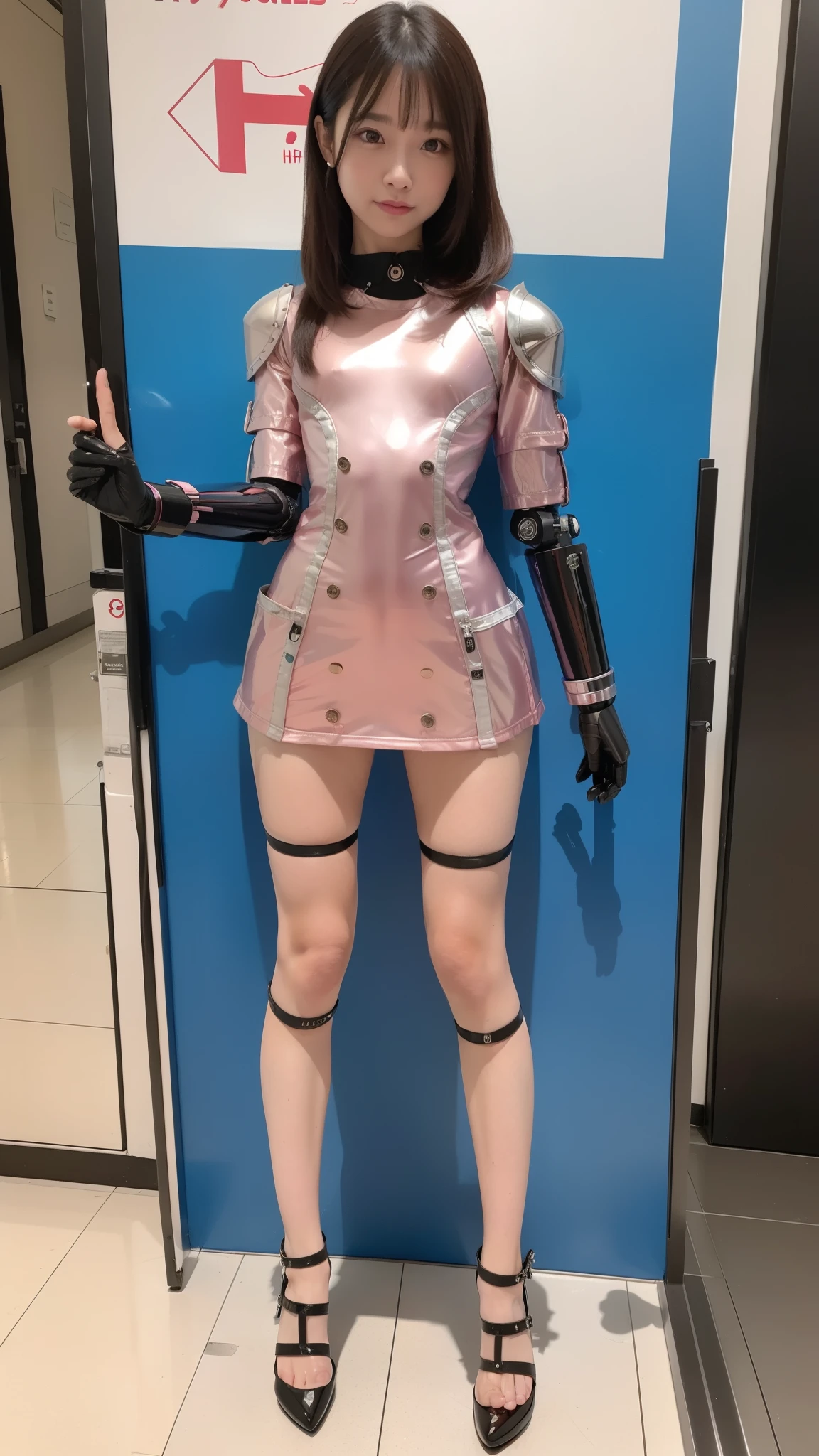 Robot Girl, pink there, Silver, Metallic body, Robot Parts, Metal Parts, Super Detailed Face, Super well-formed face, of the highest quality, a small face, a small head, Brown hair, Slender body, Camera gaze, Internal Mechanical Exposure, Idol, front facing, Well-proportioned body, sale, Exhibited, Event Hall, Moe Pose, pink metallic Lolita dress machine armor, Standing with legs open, Model body type, sad, Embarrassing,(Perfect Robot Girl),(Perfect machine body)