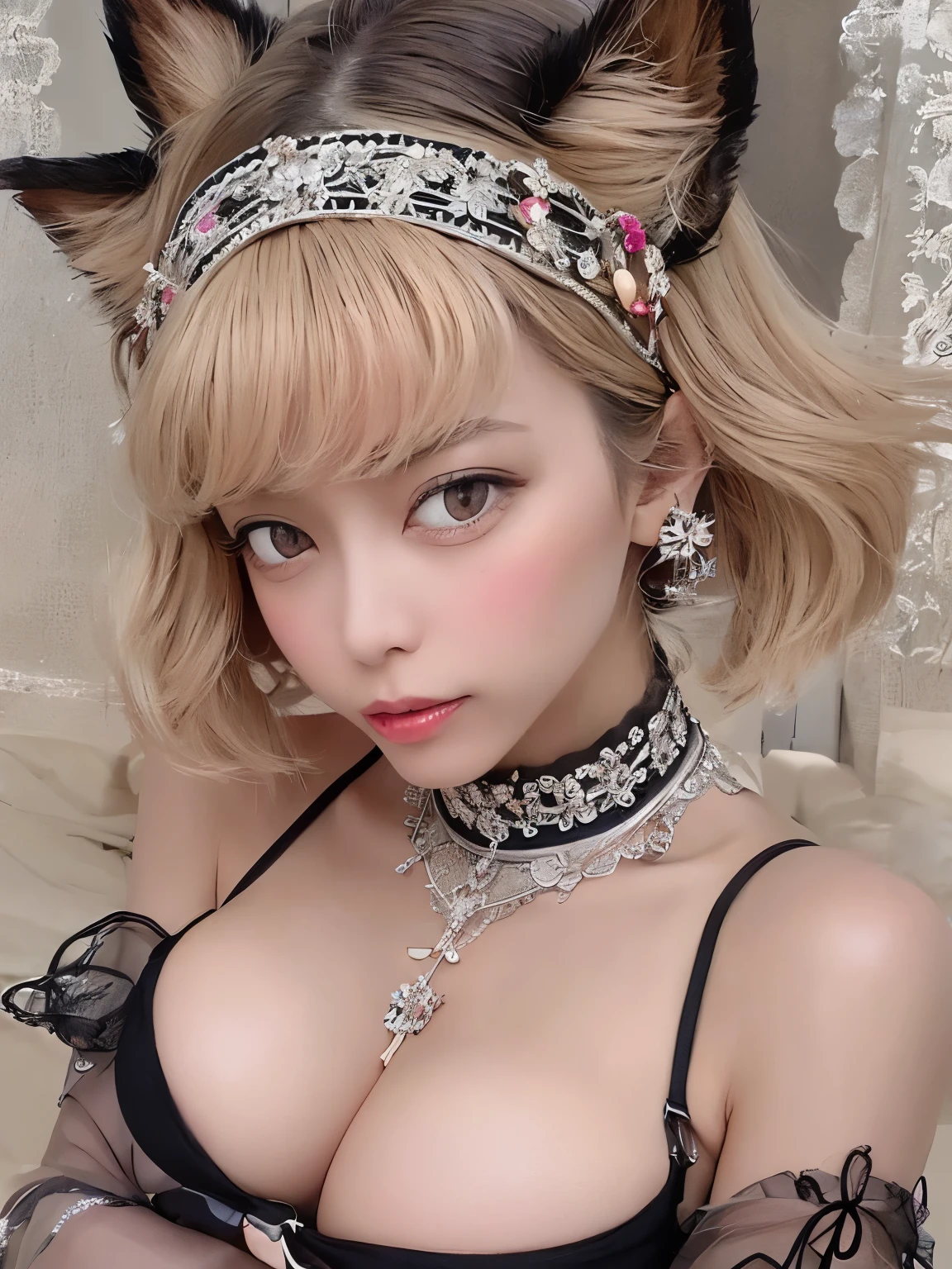 realistic、highest quality、1 girl,cat ears, nurse cap ,From above、 brown short hair、saliva、((heart-shaped pupil)) orgasm、 Sequin Bikini ,Black PVC gloves ,big breasts、wariza