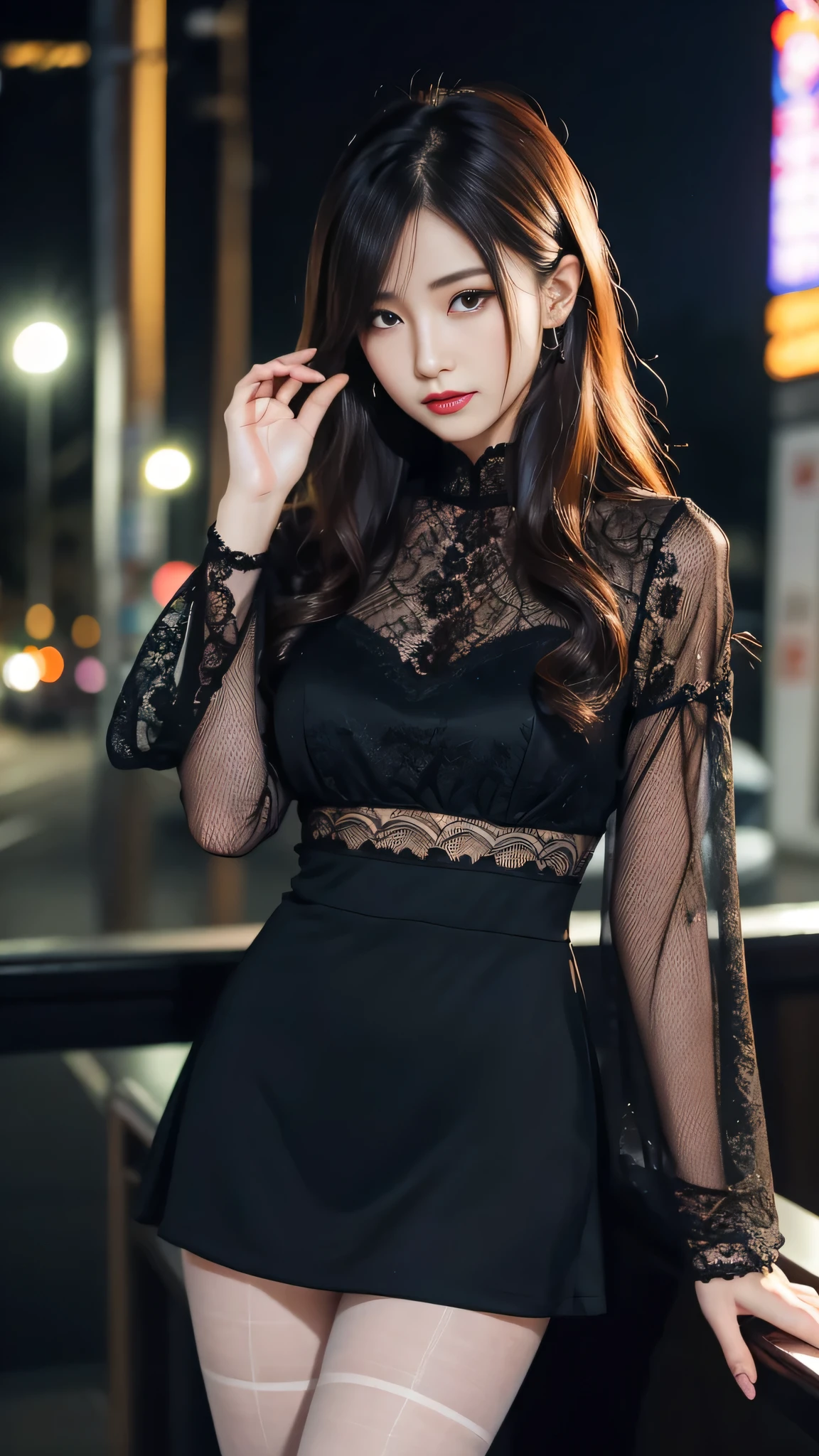 Super detailed、Japanese、charming beauty、seductive adult woman、Dainty woman、sharp eyes、cool girl、wavy hair、suit、Black chiffon、lacy fabric、wide sleeve、wearing a lace insert dress、white blouse、Tight Skirt、skin color pantyhose、Shiny legs、evilの幹部、evil depravity、brainwashing、Mind control、lipstick、grin、邪evilなな表情、evil、empty eyes、邪evilな、Church at night、reach out