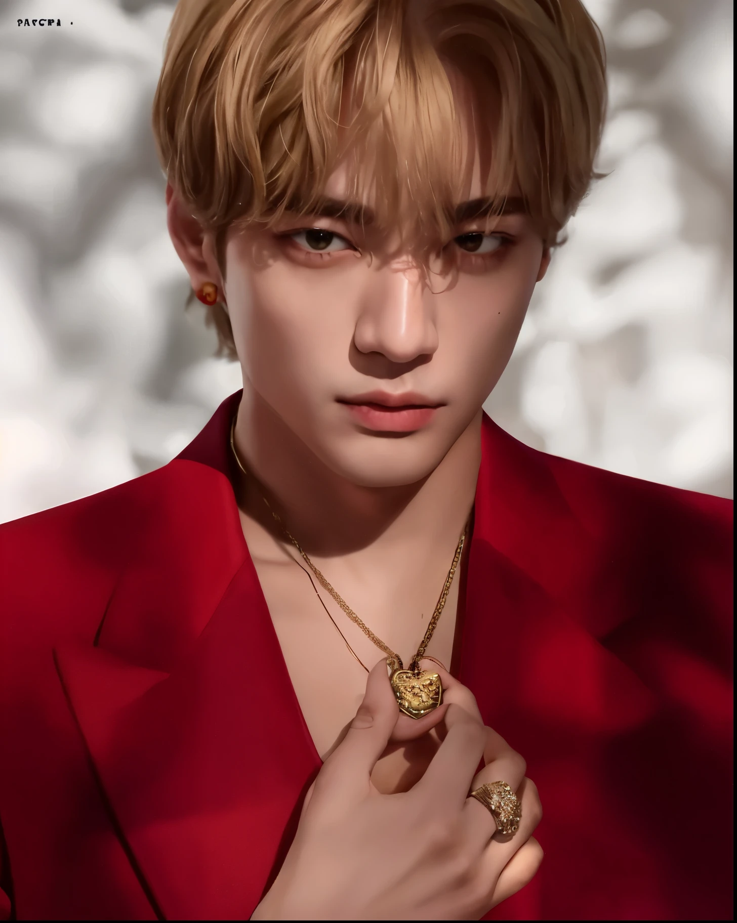 um close de uma pessoa vestindo uma jaqueta vermelha e um colar, Kim Taehyung,BTS, Kim Taehyung mais conhecido como V, hyung tae, chave ainda, Taehyung\o nariz grego, V, Kim Taehyung, kpop idol portrait, Kpop idol boy, inspirado em Bian Shoumin, 27 anos de idade, Taehyung comendo batatas fritas Gucci, handsome androgynous prince