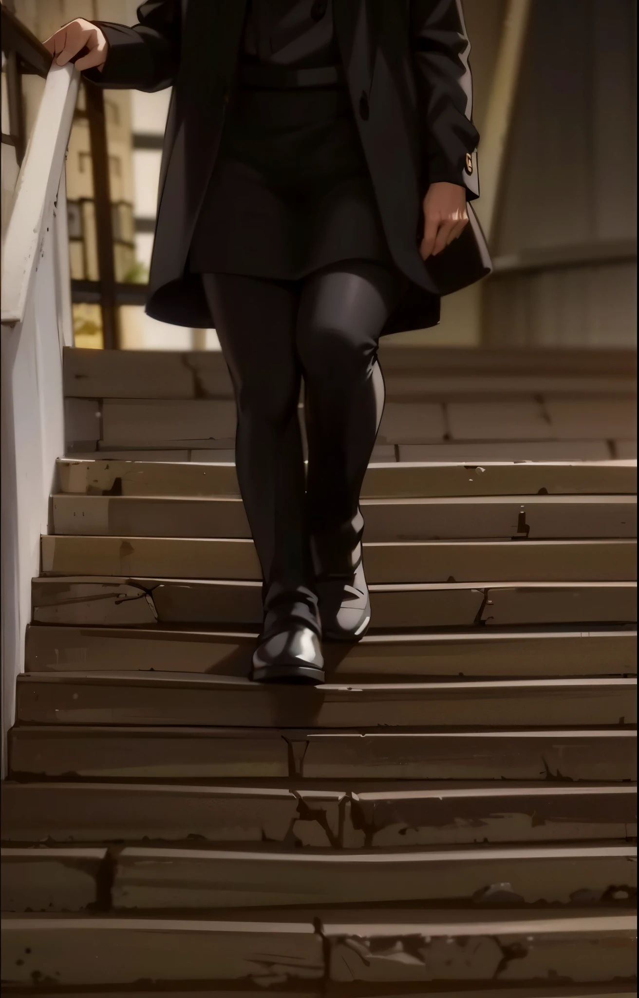This image shows a person&#39;s legs, going down the steps. He or she wears a black coat or raincoat and dark tights or trousers. A man has dark shoes on his feet, That, Seems, Glisten, what could indicate that, that they are relatively new or well polished. Steps, along which a person walks, appear worn and slightly crooked in shape, which indicates their age and frequent use. Staircase illuminated from above, creating soft shadows from the railings and the human figure.