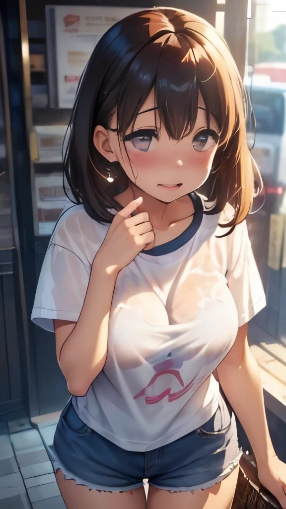 A girl who came to buy condoms、Oversized open T-shirt、shorts、Drug store、detailed background、blush、embarrassed face、(dripping sweat、oil skin,sparkling skin、realistic skin texture、detailed beautiful skin、shiny skin、shiny skin)、店内、レジに並んで、
