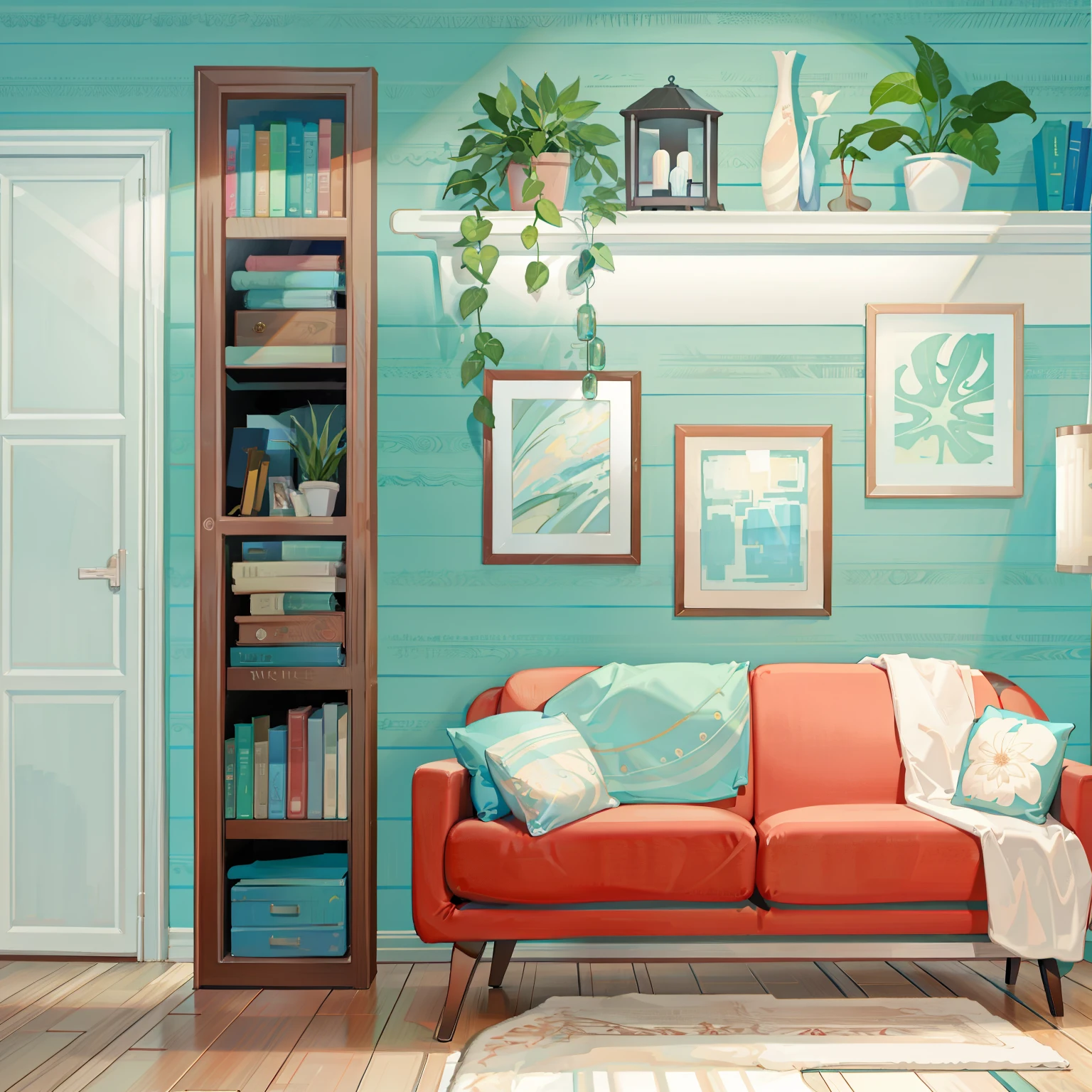 a vector illustration of a living room with a couch, bookshelf, and a door, cozy home background, cozy living room background, living room background, living room wall background, interior background art, interior of a living room, an interior of room, cozy living room interior, interior design background, indoor scene, living room interior, inside a cozy apartment, home interior
