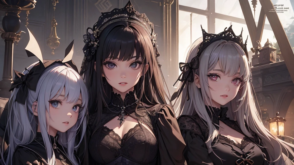 three sexy women, closed eyes, opened mouths yawning, goth outfits, portrait
