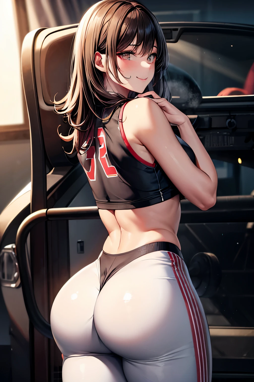 (best quality, high definition, masterpiece:1.2,), thicc woman, large butt, white yogapants, crop top, brunette hair, standing in a gym, smile, looking over shoulder