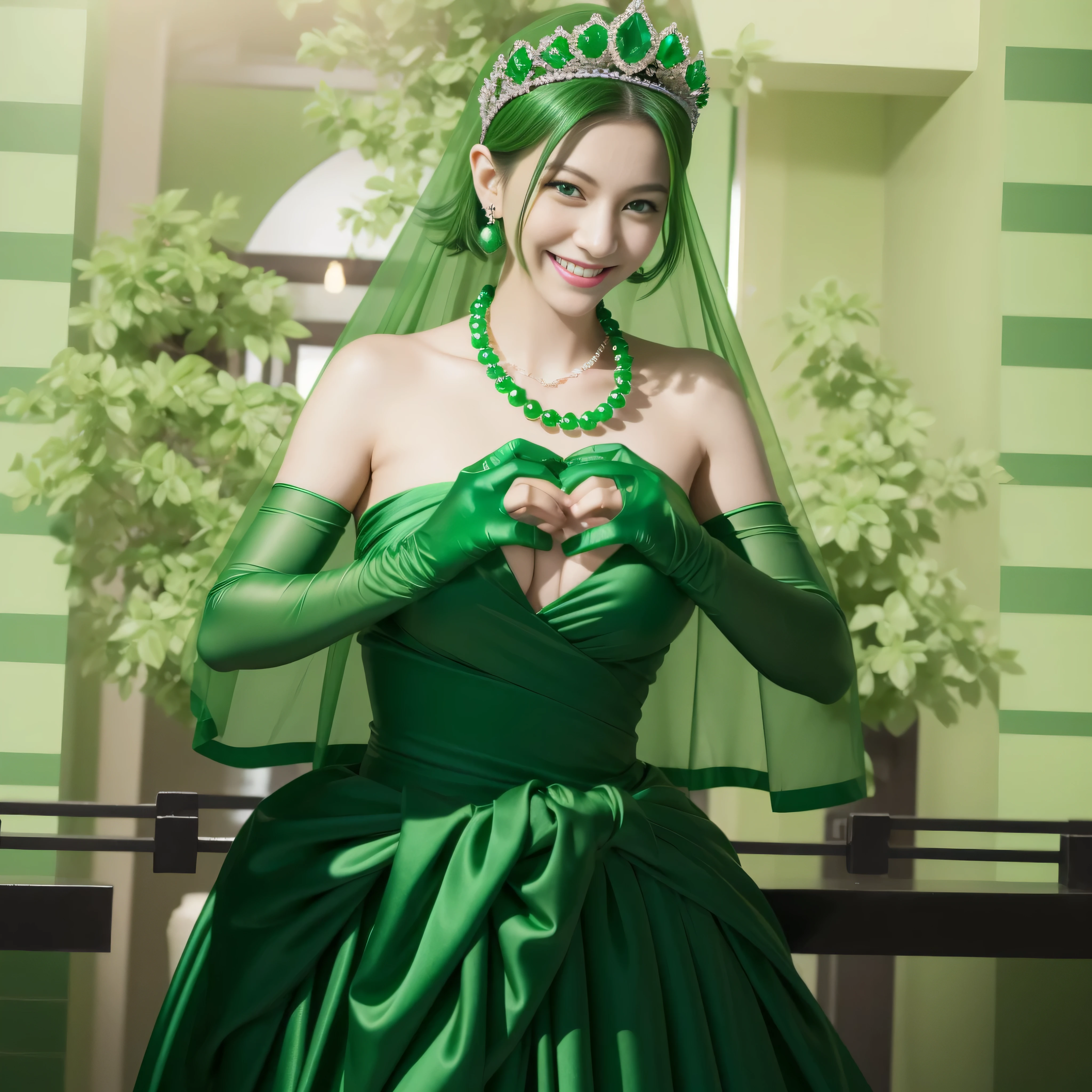 emerald tiara, green pearl necklace, boyish very short green hair, lipstick, smiling Japanese woman, very short hair, big breasts beautiful, green eyes, Long Green Satin Gloves, green eyes, V sign, emerald earrings, green veil, green lip gloss
