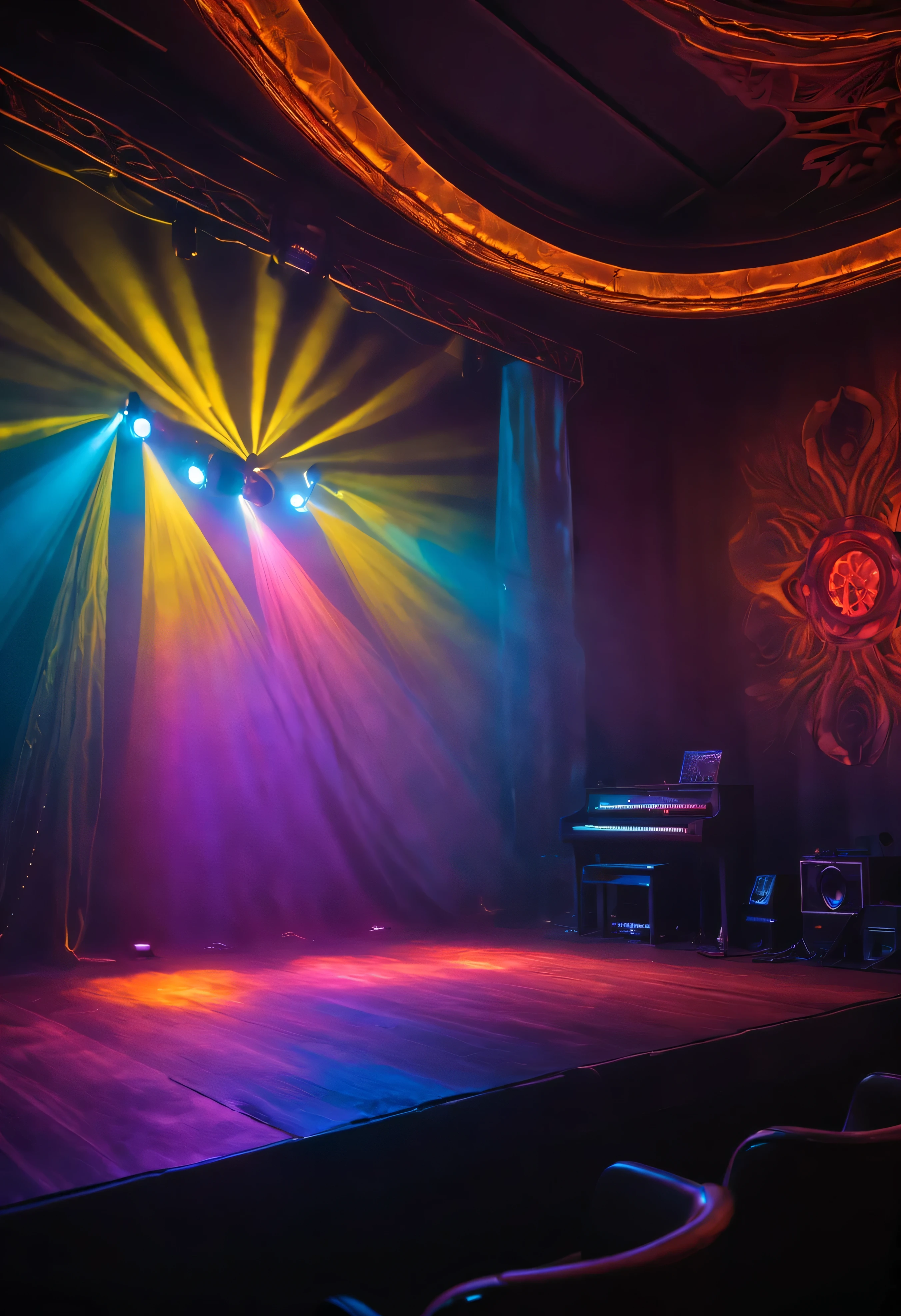 (Mejor calidad,high resolution:1.2),Detailed lighting,musica de discoteca , neon lights,Ambient atmosphere,Colores cambiantes,fondo borroso,ambiente acogedor,calming melodies,energetic rhythms,sonido vibrante,sombras sutiles,Transiciones suaves,siluetas,harmonious composition,focos parpadeantes,creative images,dynamic atmosphere,melancholic melodies,lugar espacioso,ambiente animado,surreal atmosphere,warm tones,Etapa brumosa,Dream atmosphere,Art scene,Patrones abstractos,amplificadores coloridos,illuminated stage curtain,instrumentos brillantes,eclectic decoration,Psychedelic vibes,Ethereal aesthetic,Magic night,movimiento fluido,Electric atmosphere