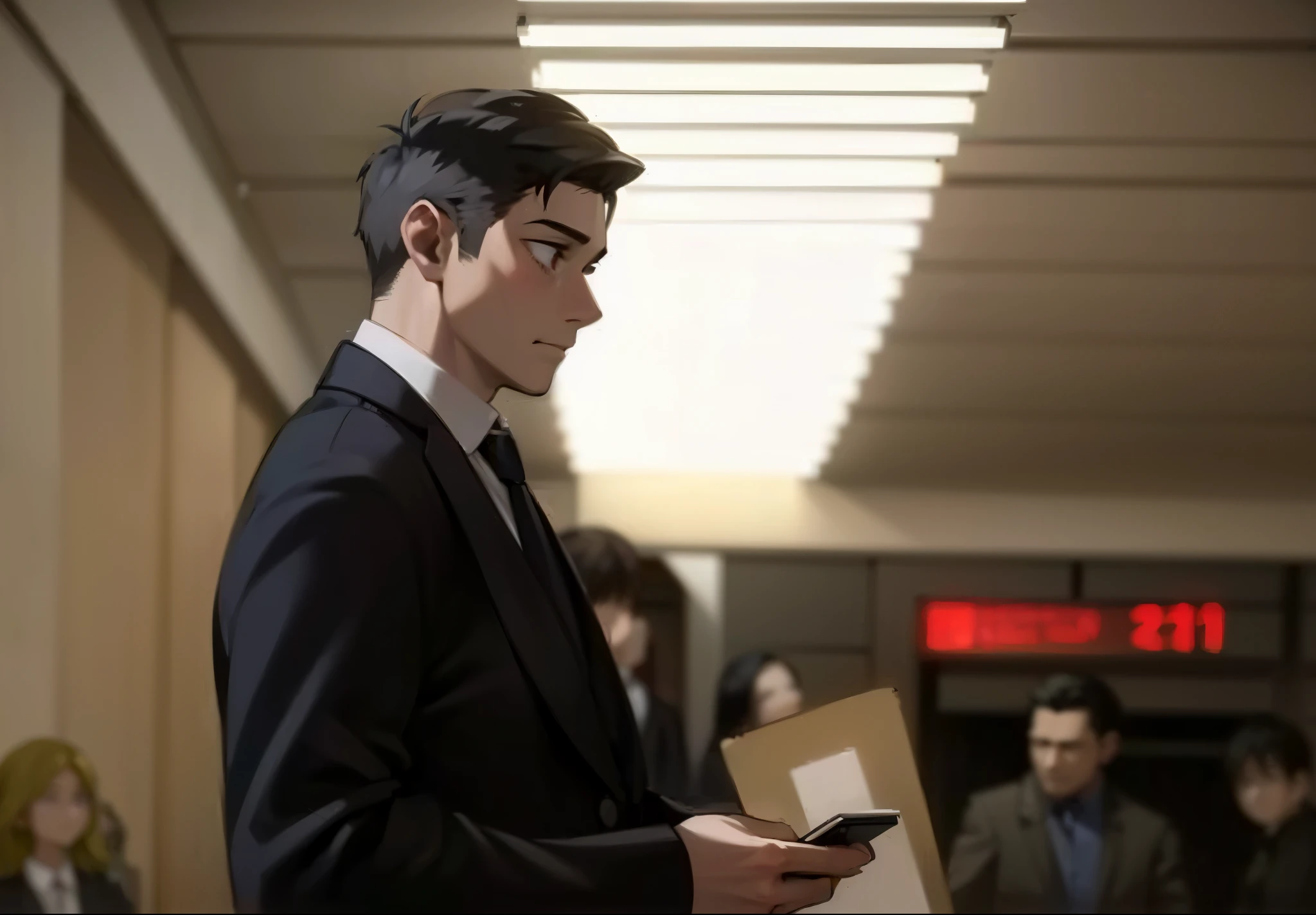 The image shows a man in business casual clothing: he wears a dark suit and a white shirt. He stands and looks at his smartphone, who holds in his hands. His facial expression is concentrated. Image background is blurred, but you can notice, that the scene takes place indoors, Maybe, in a subway, since the elements are visible, similar to turnstiles, as well as distinctive lighting and architecture. Other people are visible in the background, who are also busy with their own affairs.