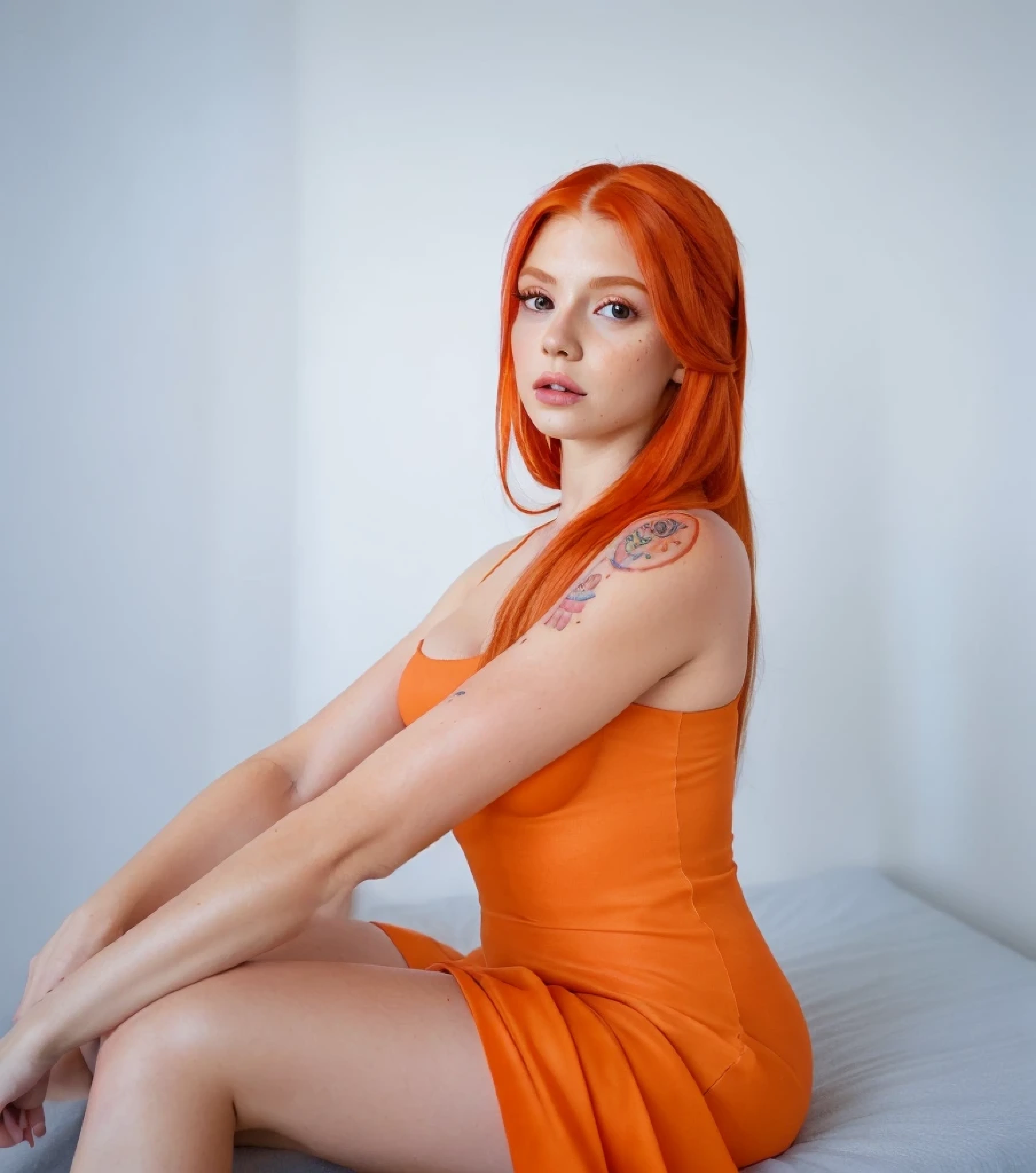 Hay una mujer sentada en una cama con un tatuaje en el brazo, Amouranth, better known as amouranth, joven hermosa Amouranth, amouranth as a super villain, Angelawhite, Anna Nikolanova aka Newmilky, pale-skinned persian girl, cabello naranja, Hermosa Delphine, she has long orange brown hair, con vestido de sol naranja