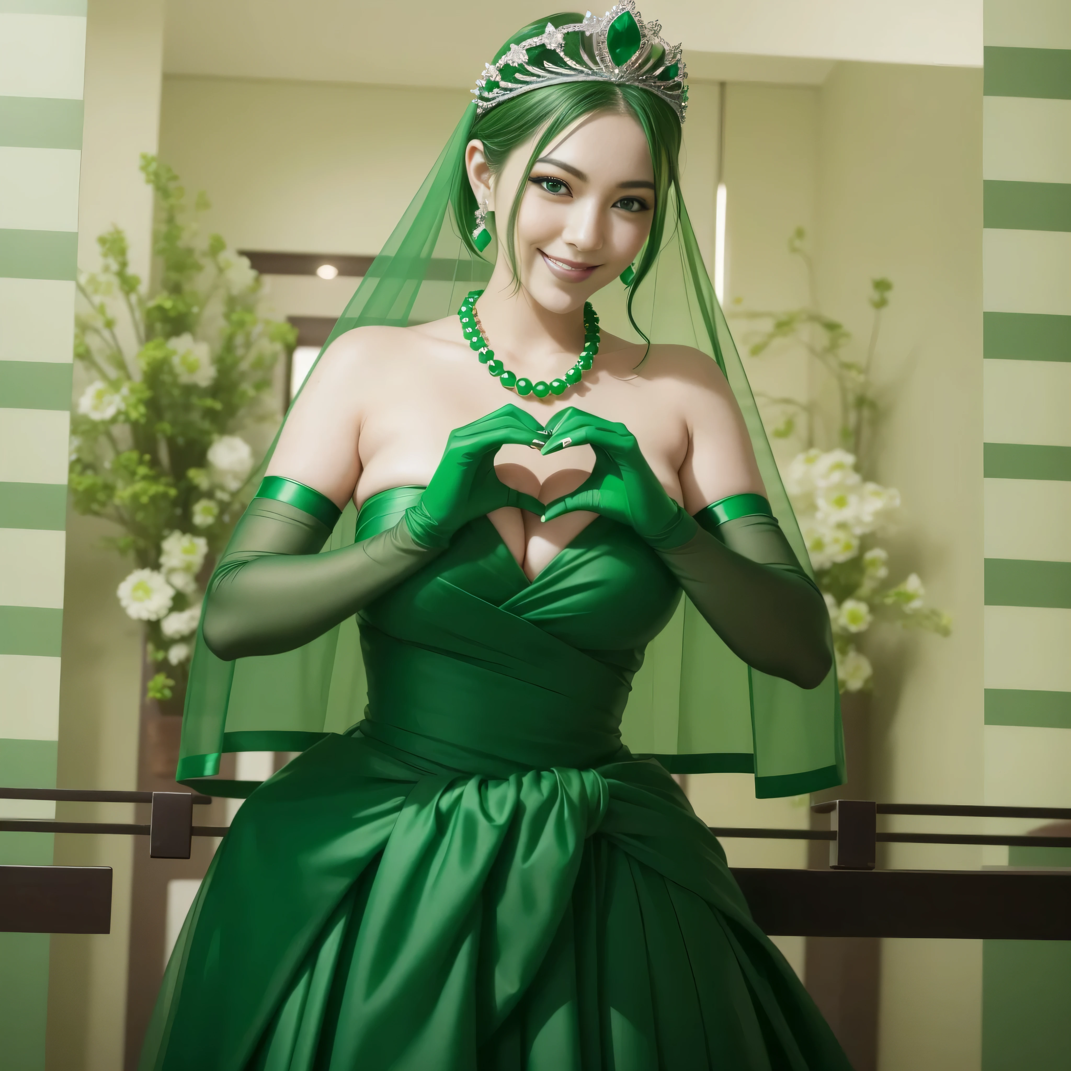 emerald tiara, green pearl necklace, ボーイッシュな非常に短いgreen hair, green lips, smiling Japanese woman, very short hair, Beauty with large breasts, green eyes, Long Green Satin Gloves, green eyes, emerald earrings, green veil, heart with both hands, green hair, beautiful japanese woman, heart shaped hand:1.3, green lip gloss, heart with both hands
