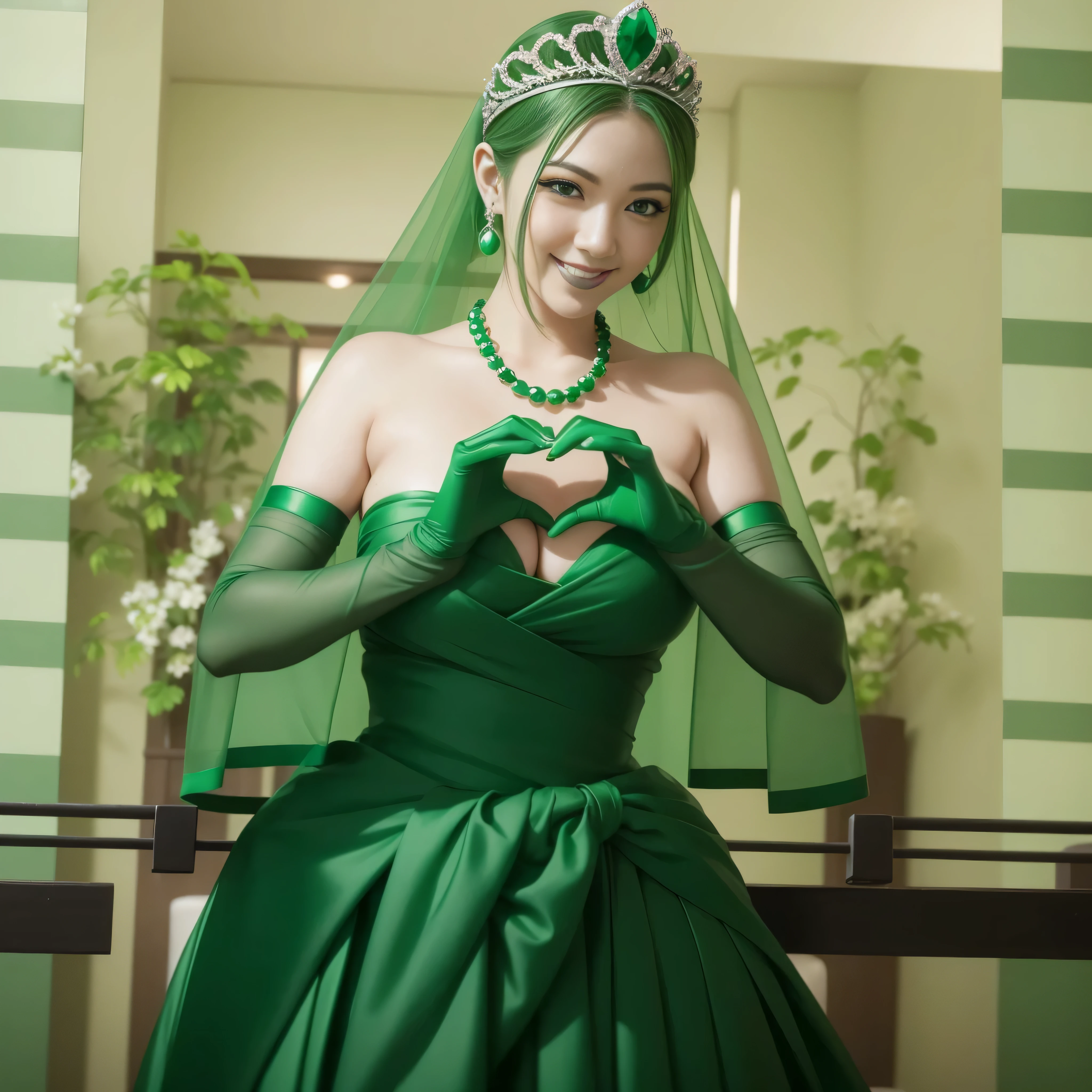 emerald tiara, green pearl necklace, ボーイッシュな非常に短いgreen hair, green lips, smiling Japanese woman, very short hair, Beauty with large breasts, green eyes, Long Green Satin Gloves, green eyes, emerald earrings, green veil, heart with both hands, green hair, beautiful japanese woman, heart shaped hand:1.3, green lip gloss, heart with both hands