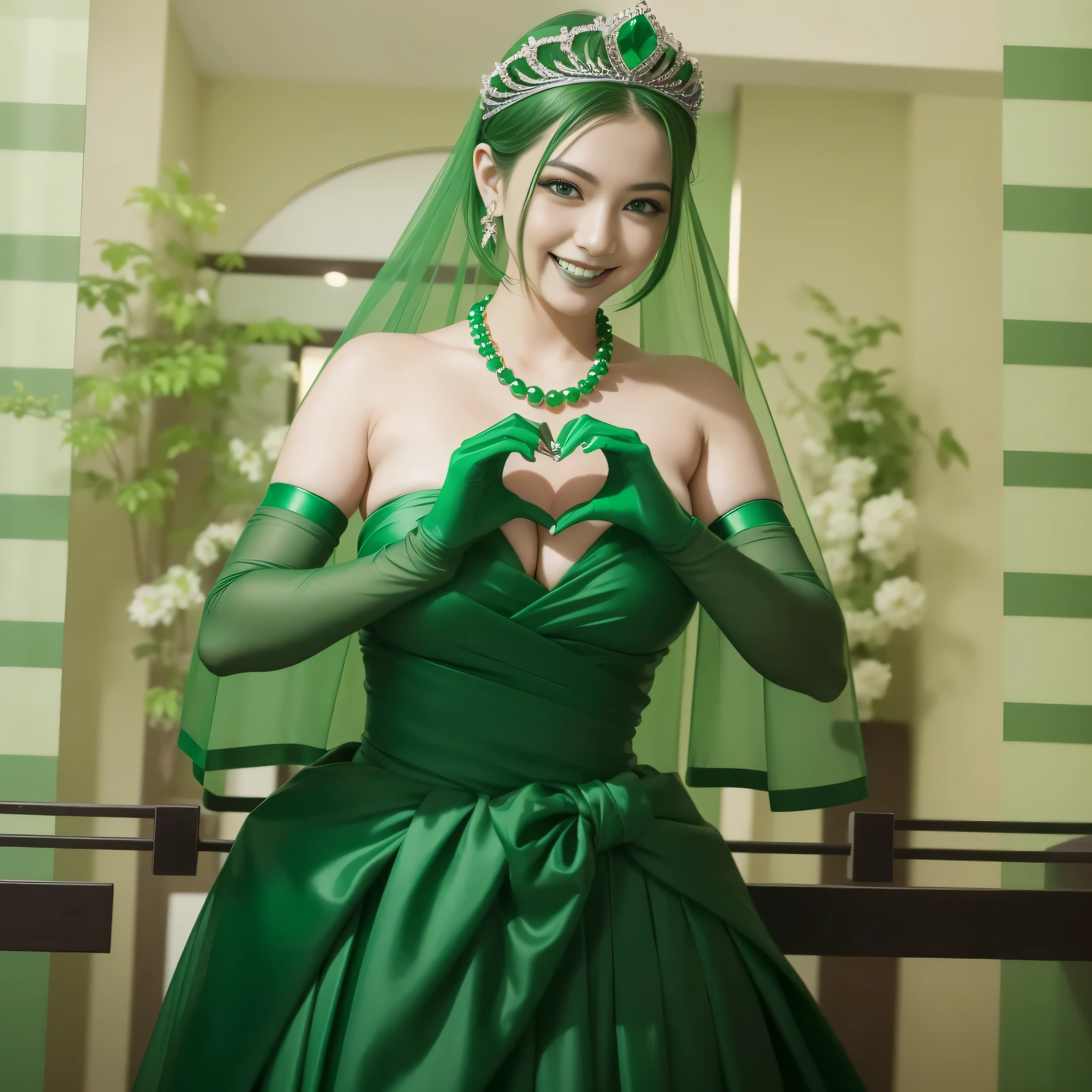 emerald tiara, green pearl necklace, ボーイッシュな非常に短いgreen hair, green lips, smiling Japanese woman, very short hair,  Beauty with large breasts, green eyes, Long Green Satin Gloves, green eyes, emerald earrings, green veil, heart with both hands, green hair, beautiful japanese woman, heart shaped hand:1.3, green lip gloss, heart with both hands