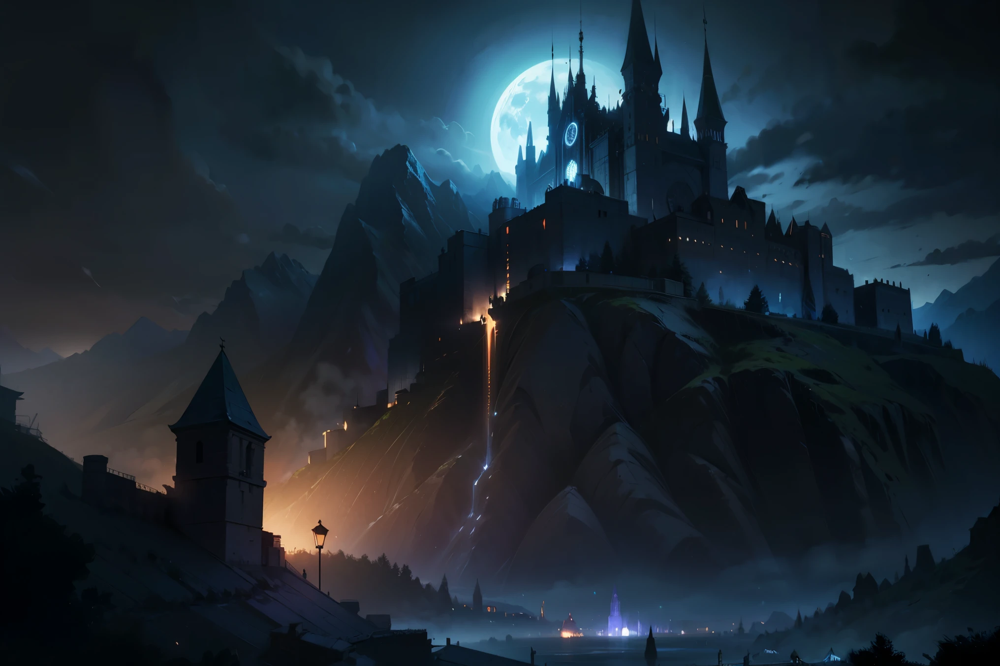 (masterpiece, best quality, CG, 4k, extremely detailed, hyper realism), (surrounded by dark shadows:1.3), (dark fantasy:1.3), mountain fortress, night, shadowmancer fortress, dark fortress environment, dark fortress background, medieval dark fantasy, dark fantasy style, dark fantasy artwork, dark concept art, dark fantasy fortress, maximum texture, volumetric lighting, darkness, dark scene, (dim light), (high quality, sharp, HDR)
