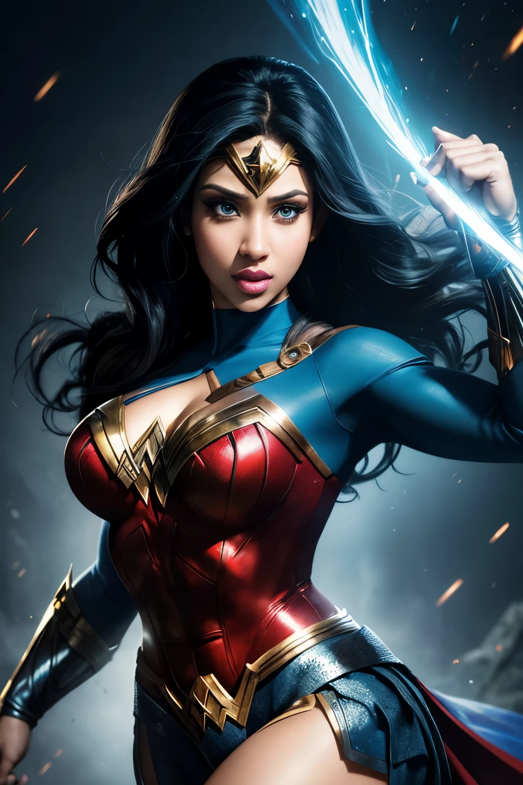 The prompt for Stable Diffusion:
Cardi B as Wonder Woman, vivid colors, portrait, detailed eyes, detailed lips, realistic, powerful pose, superhero costume, dynamic background, intense lighting, strong and confident expression, flowing hair, energy effects, comic book style, vibrant colors, high resolution, ultra-detailed, bokeh, intense action.