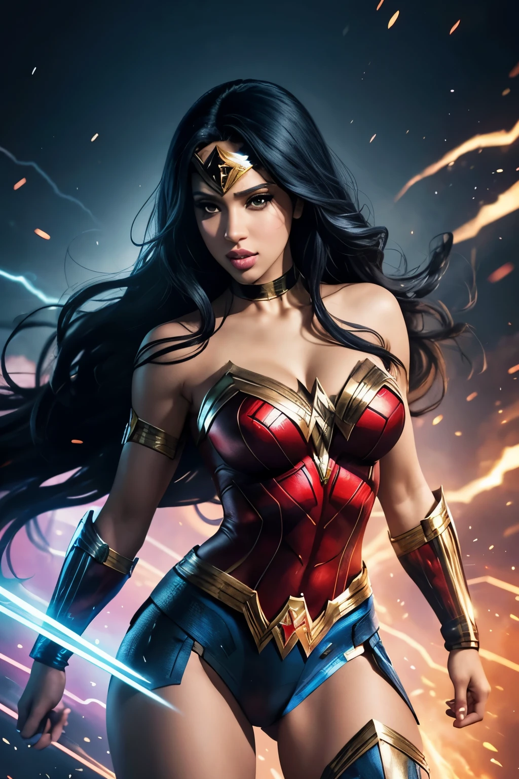 The prompt for Stable Diffusion:
Cardi B as Wonder Woman, vivid colors, portrait, detailed eyes, detailed lips, realistic, powerful pose, superhero costume, dynamic background, intense lighting, strong and confident expression, flowing hair, energy effects, comic book style, vibrant colors, high resolution, ultra-detailed, bokeh, intense action.