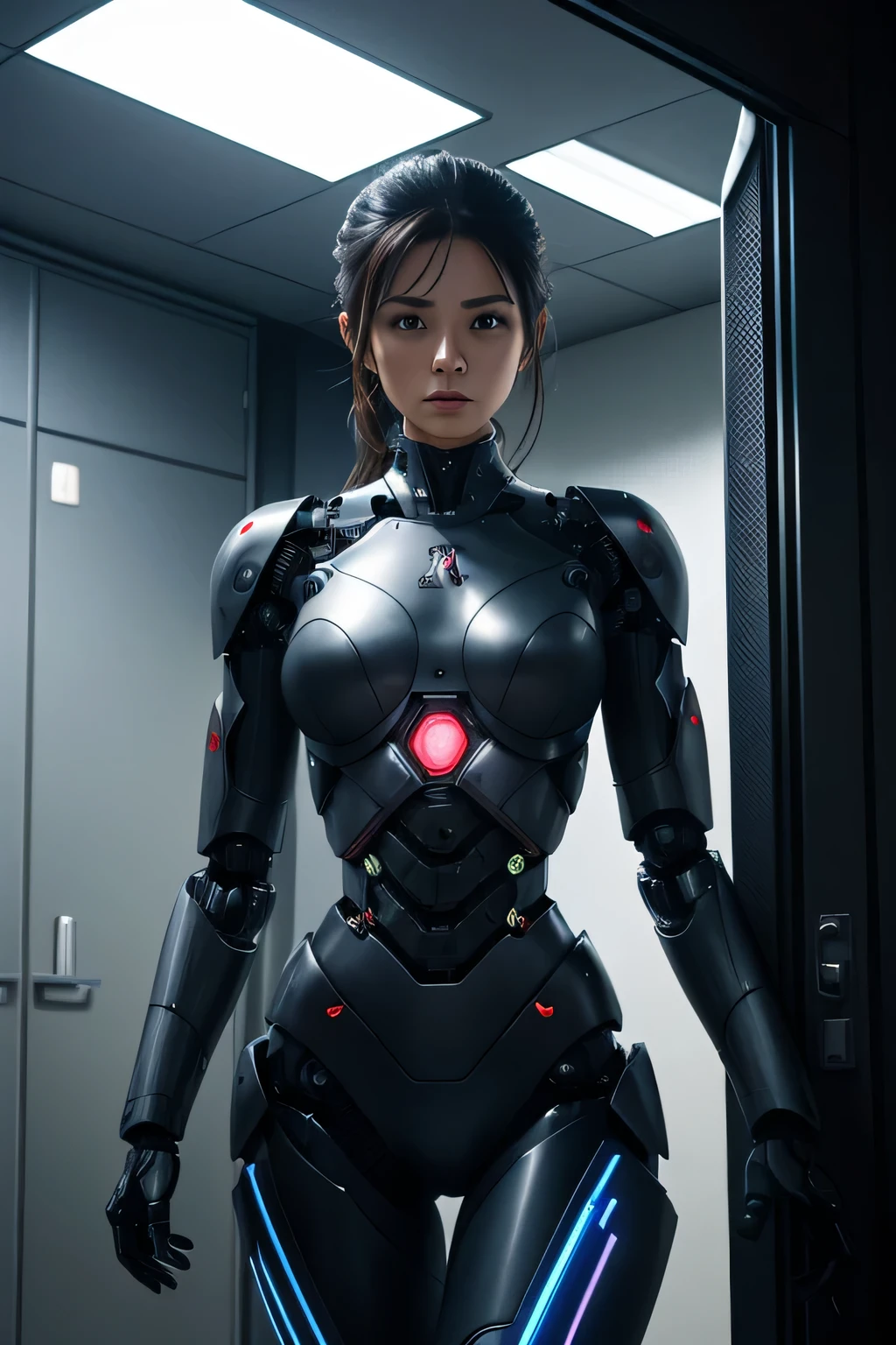 A woman is captured by an evil male robot.、be turned into a robot.　My body is slow々become a machine　indoor