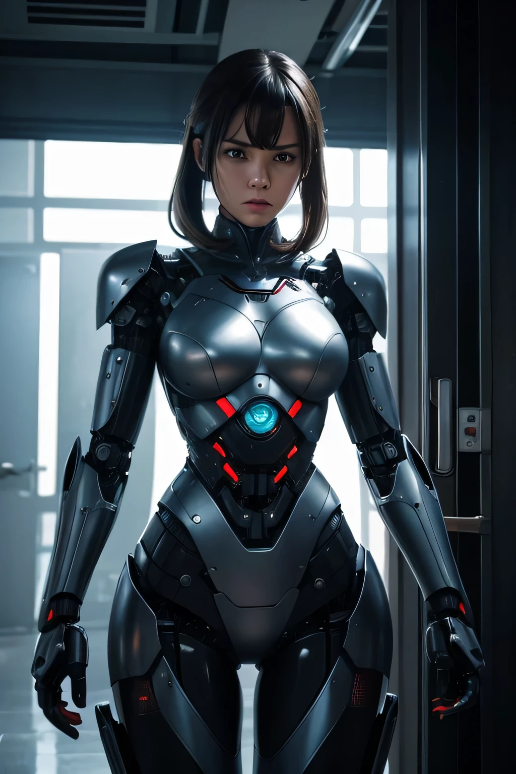 A woman is captured by an evil male robot.、be turned into a robot.　My body is slow々become a machine　indoor