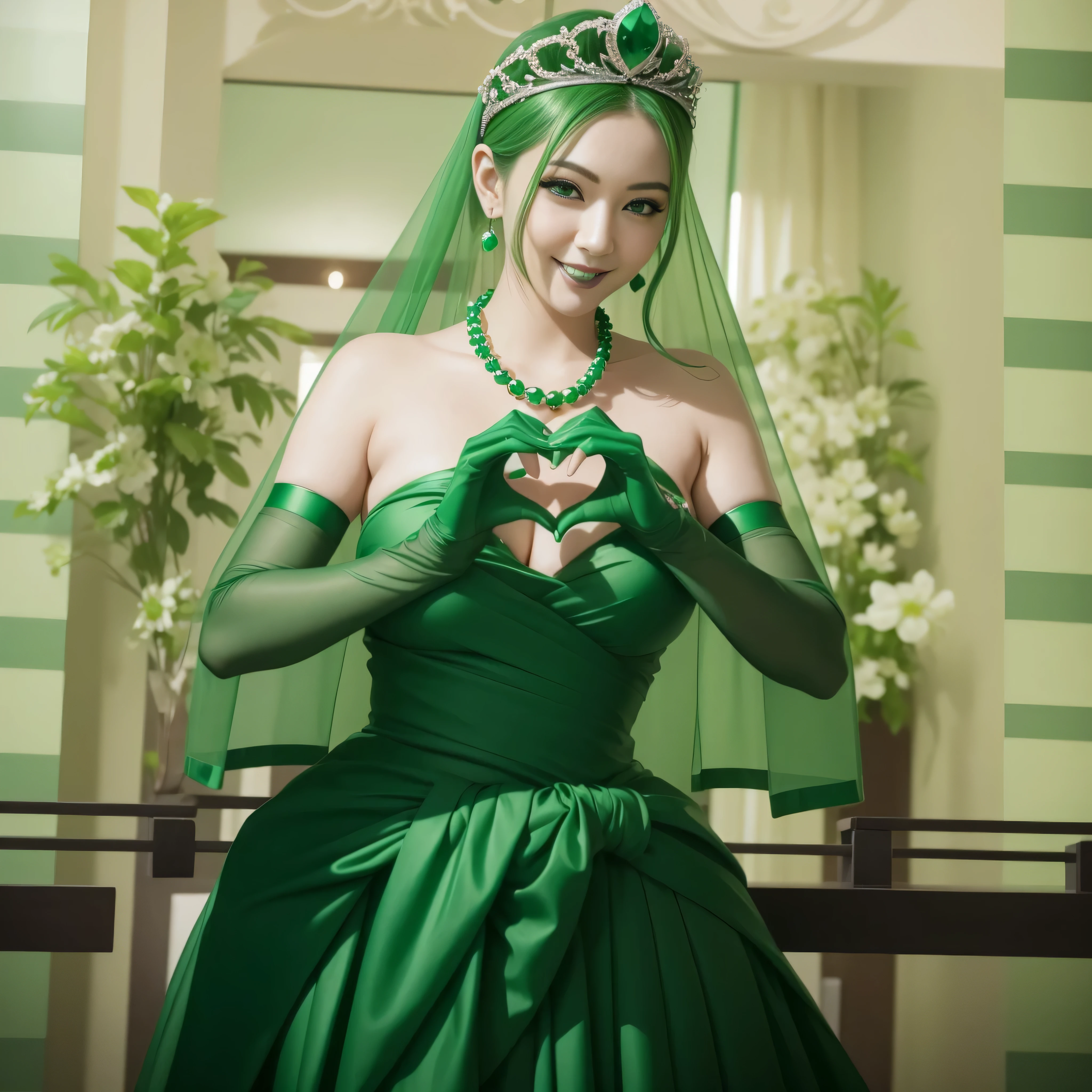 emerald tiara, green pearl necklace, ボーイッシュな非常に短いgreen hair, green lips, smiling Japanese woman, very short hair,  Beauty with large breasts, green eyes, Long Green Satin Gloves, green eyes, emerald earrings, green veil, heart with both hands, green hair, beautiful japanese woman, heart shaped hand:1.3, green lip gloss, heart with both hands