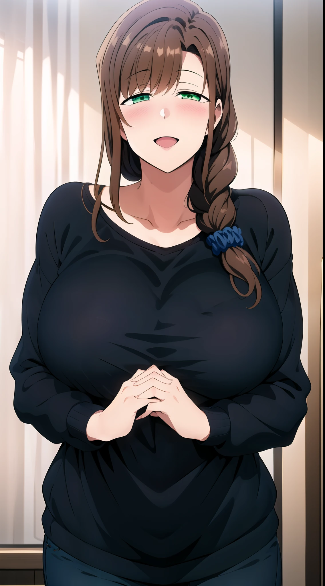 master piece, mature woman, blush,1girl, hands together, long hair, looking at viewer, smile, HALF CLOSED EYES, open mouth, large breasts, brown hair, black shirt, long sleeve, loose shirt, hair ornament, green eyes, collarbone, braid, blue pants, (((black SWEATER))), single braid, scrunchie, hair over shoulder, hair scrunchie, mature female, wide hips,,
