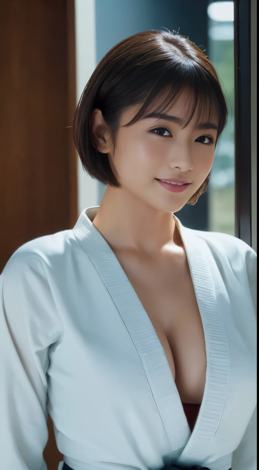 ((highest quality, 8K, masterpiece: 1.3)), sharp focus: 1.2, Beautiful woman with muscular body: 1.4, Arms are drooping, slim abdomen: 1.2, ((layered haircut, big: 1.2)), wet body: 1.1, very detailed顔と肌の質感, fine eyes, double eyelid, sunburned skin, sunburned, sweaty skin, 1 girl, beautiful and perfect face, bob cut, intricate details, movie-like atmosphere, 8K, very detailed, (realistic, photorealistic: 1.37), Super detailed, highest quality, realistic, very delicate and beautiful, Raw photo, (((professional lighting)), face lighting, Depth of bounds written, single focus, (judo)), (wearing a judogi)), ((wearing a judogi)), (very detailed judo belt)), ((Black belt)), (((super big breasts))) 、Wear the official judo uniform), ((long sleeve)), ((wearing a t-shirt)), (muscular and healthy), small head, (((beautiful eyes)), real face, realistic face, real face, fine eyes, (fashionable hairstyle: 1.3), viewer, (cool japan women)), intellectual, sports, (smile: 1.15), (closed mouth), fine and beautiful eyes, (dojo: 1.3), judo選手, healthy body, (short hair: 1.2), short hair, black skin、((cleavage))、((Protruding))