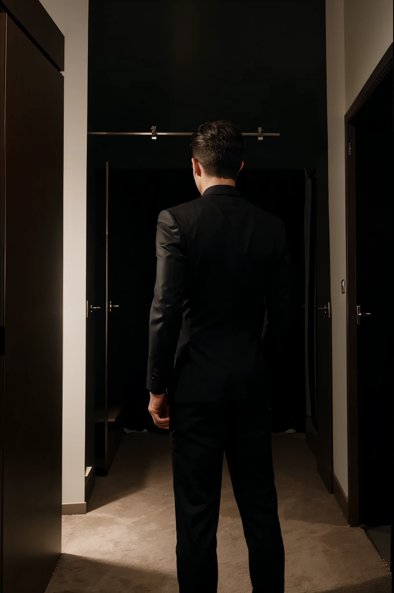 popstar in warderobe, behind scene, dark light, smooth, man, black outfit, facing back to camera, warderobe area